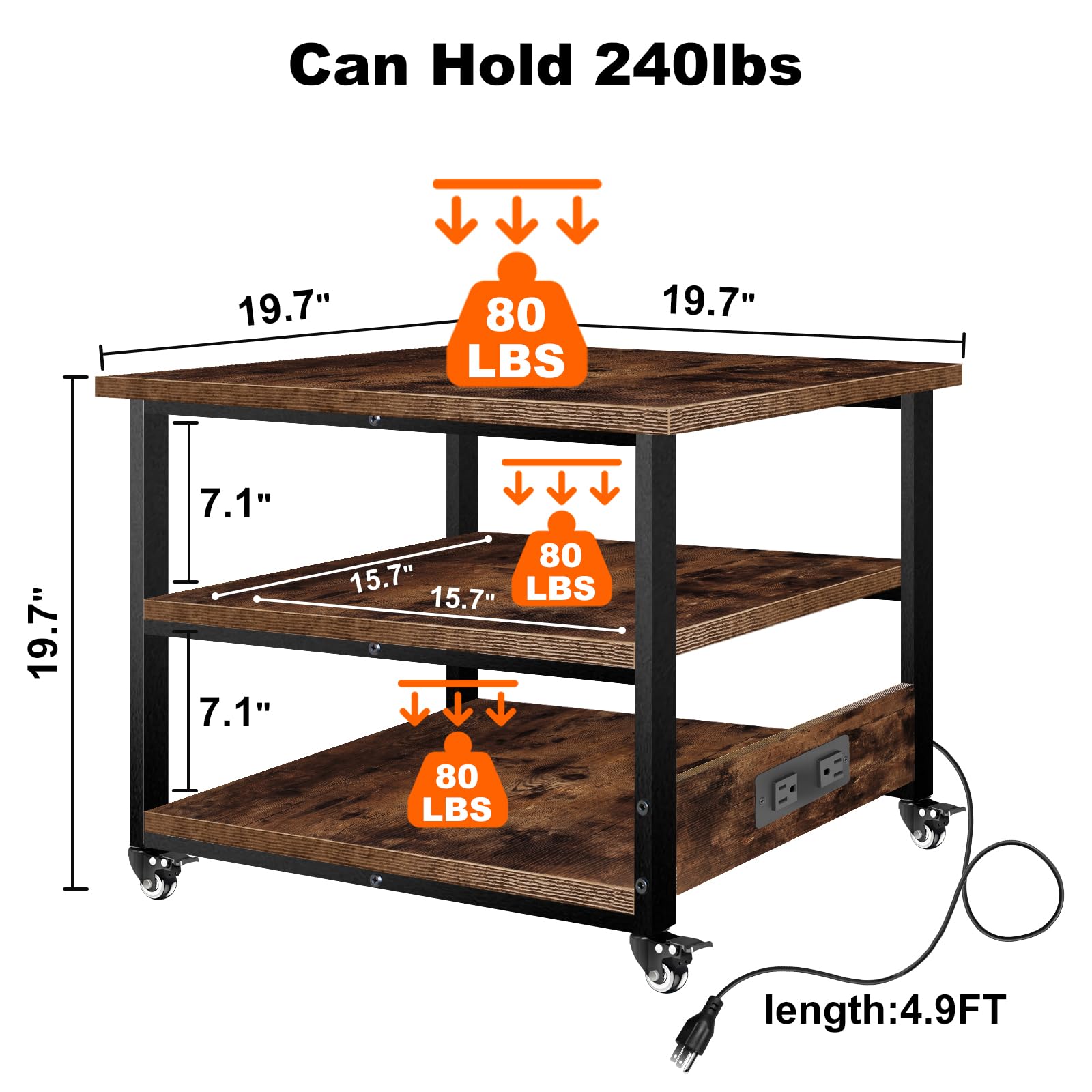 Shalmidor Druckertisch 50x39x50cm - Mit Rädern, 3 Ebenen, Höhenverstellbar
