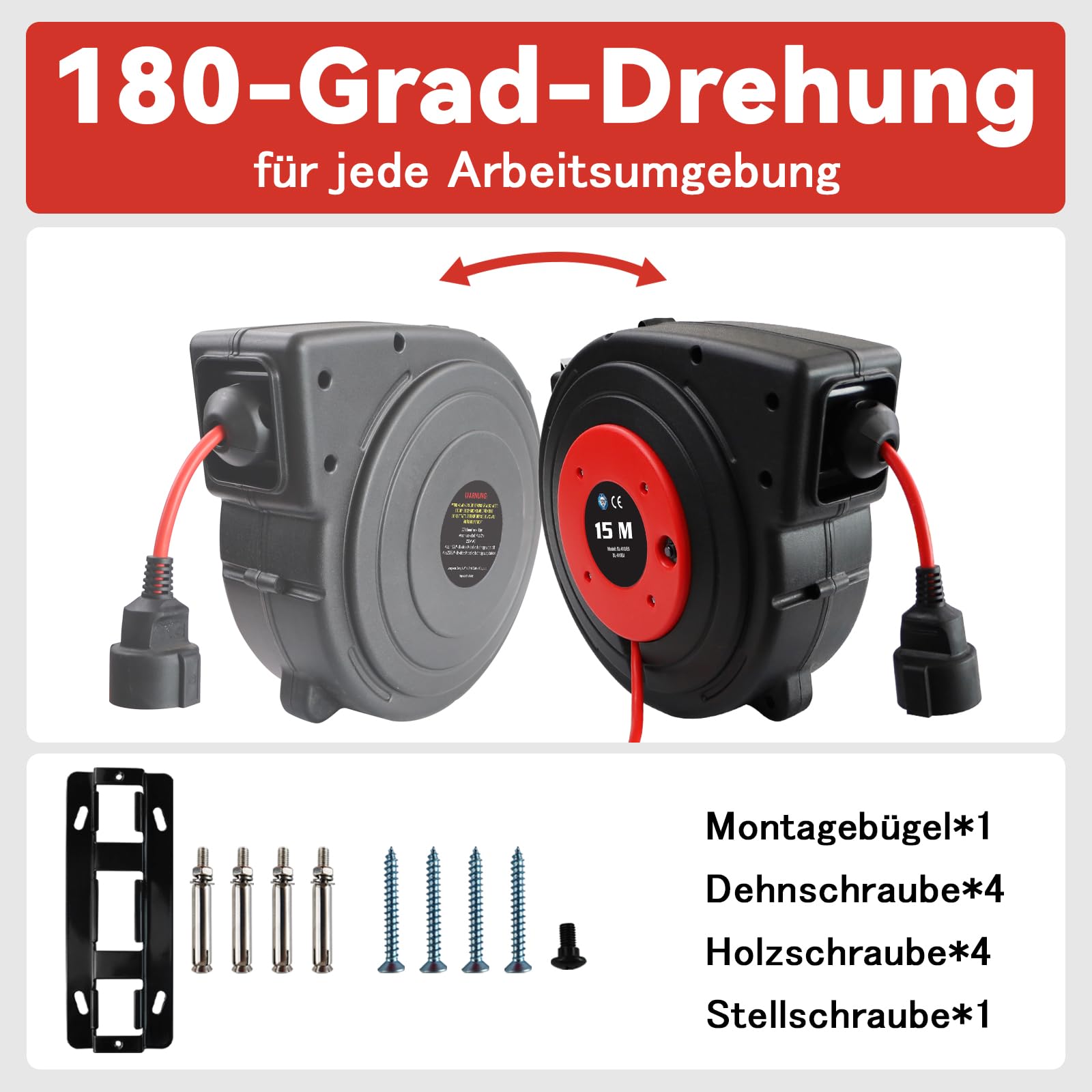Avvolgicavo 15 m + 2 m, 2300 W, cavo di prolunga montato a parete, avvolgimento automatico, rotazione di 180°, rilevamento TÜV, materiale di installazione incluso