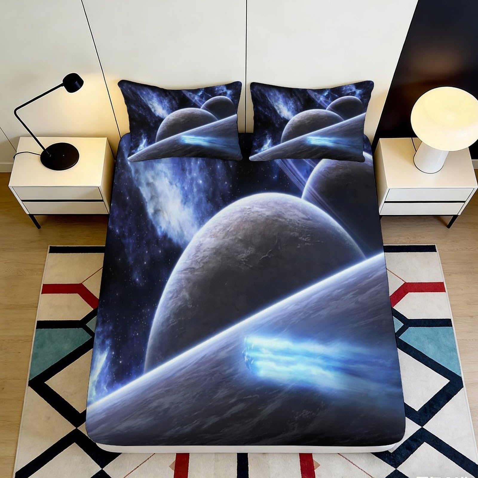 3D Printed Galaxy Planet Fitted Sheet Microfiber Soft Durable Cosmic Nebula Bed Cover for Bedroom Dormitory Guest Room Mattress Protection 180x200x25cm