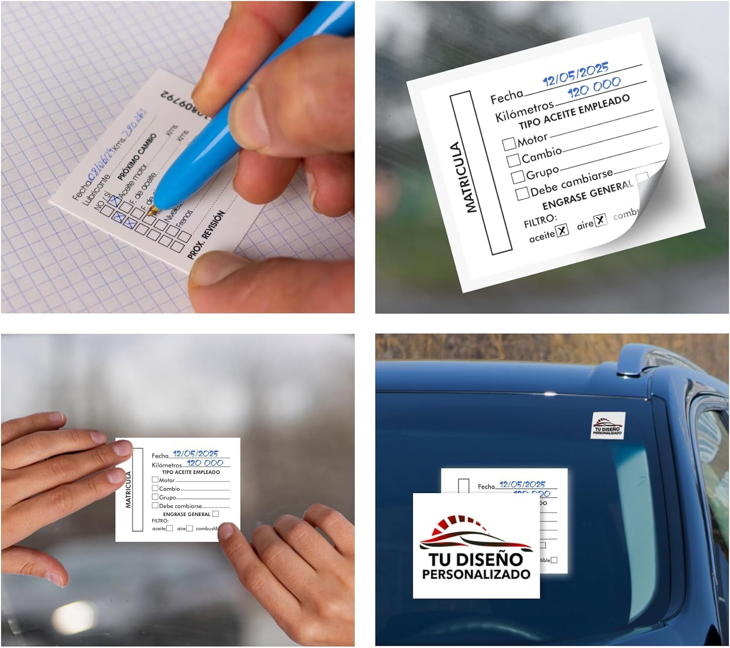 Autodomy Tarjetas Cambio Aceite Coche para Cristal Horizontal 6x5cm Personalizables | Set Pegatinas Adhesivas Mantenimiento Coche Impermeables Ideal (Cristal)