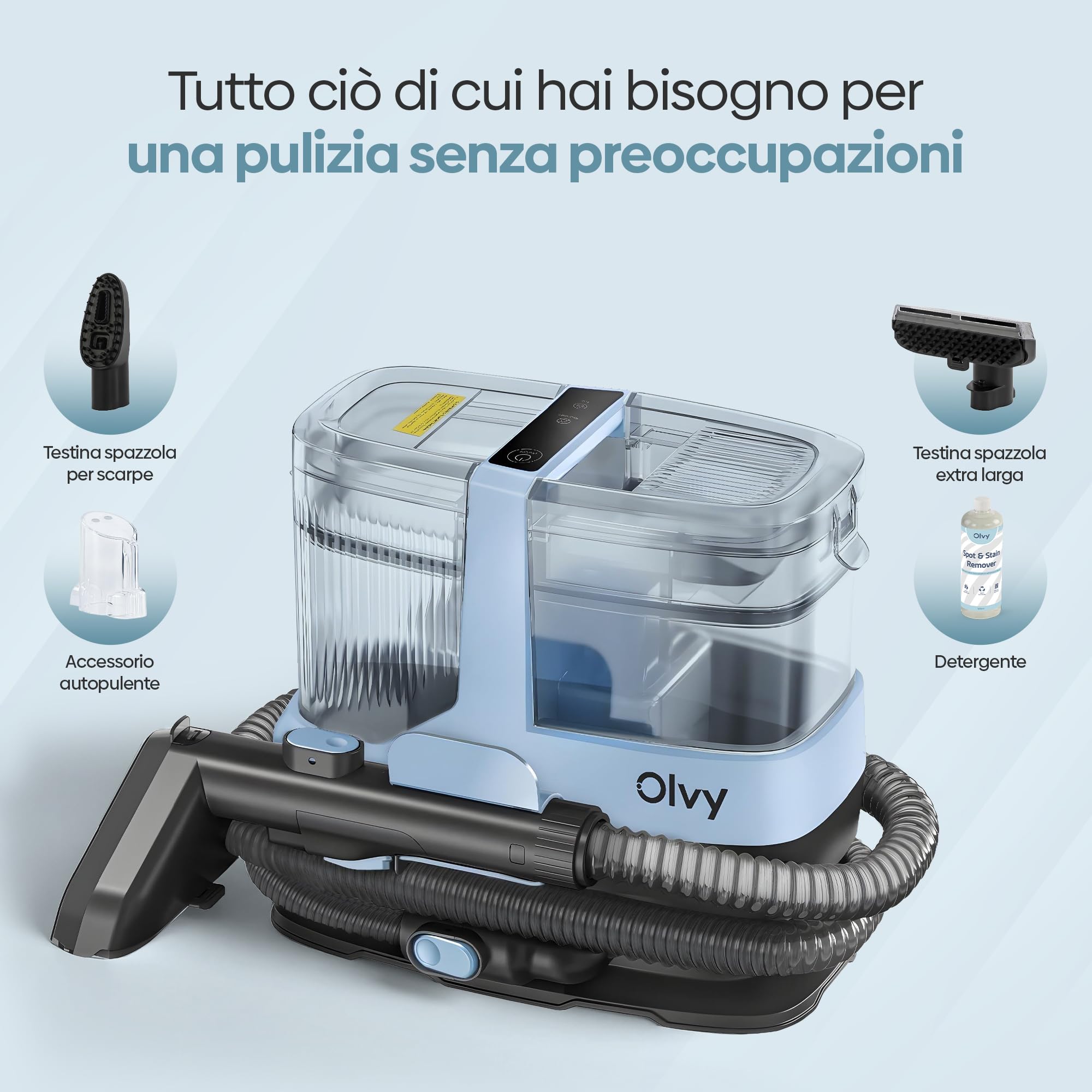 Olvy Pulitore Tappeti 2.0 – Potente Rimuovi Macchie 17.000 PA con Tubo 1,6m, Cavo 4m, Funzione Autopulente & 500ml Soluzione Pulente – Tappeto, Divano, Materasso & Auto