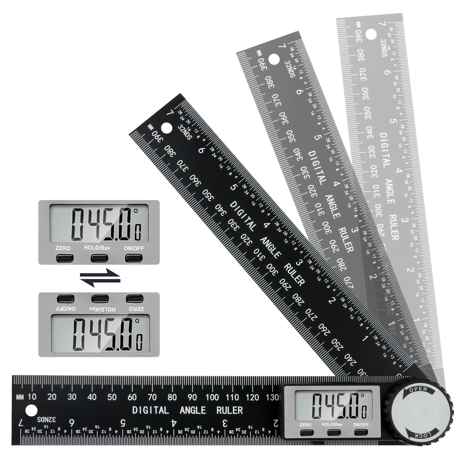 Digital Angle Finder & Folding Ruler with LCD Display, 400mm/7 Inch Length Ruler Protractor, Digital Inclinometer Internal & External Angles Measurement Tool for Woodworking, DIY, Construction