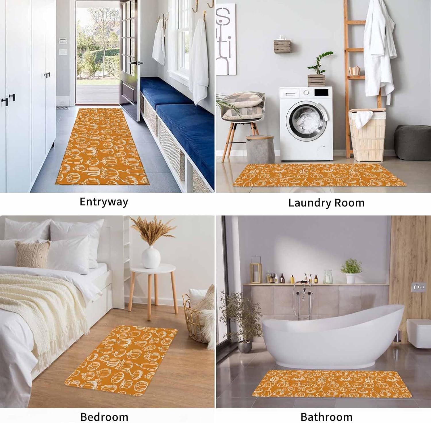 Fall Kitchen Rugs Set of 2 Harvest Pumpkin Kitchen Rug and Mats Set Non Slip Floor Mats for Sink Laundry Orange Thanksgiving Decorative Doormat Absorbent Runner Rug 16"x24"+16"x47"