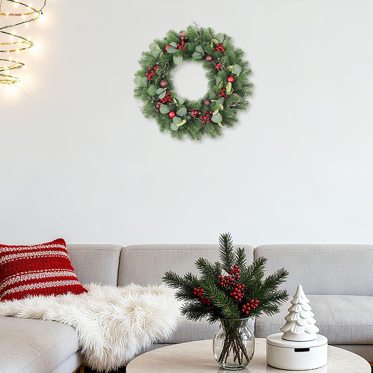 Christmas Wreath for Front Door 24-Inch, Christmas Door Wreath with Red Berries, Green Pine Branches, Eucalyptus Leaves and Ornaments, Winter Wreath Outdoor Christmas Decorations (Red)