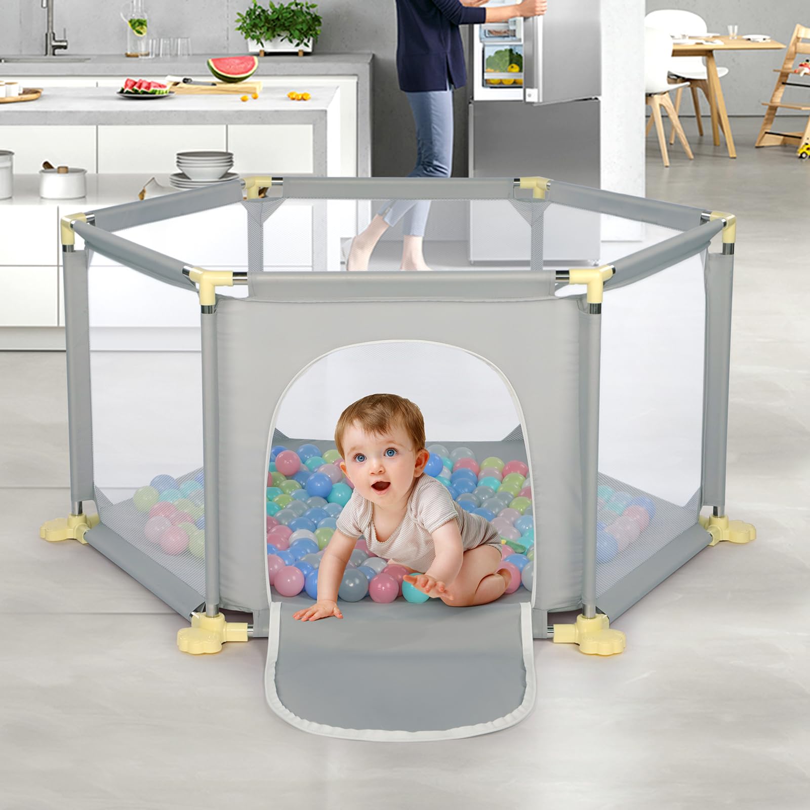 Light Grey 6-Panel Baby Playpen with Breathable Mesh and 30 Play Balls - Indoor/Outdoor Portable Kids Activity Centre for Toddlers