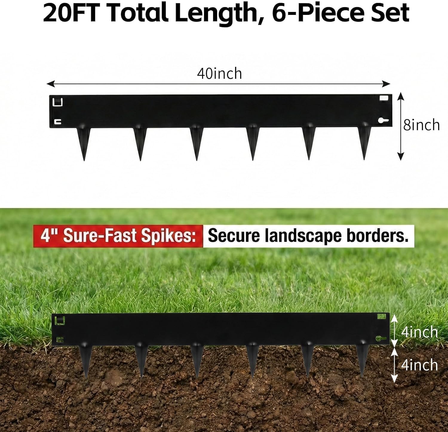 20FT Black Landscape Edging Galvanized Steel (6-Pack) 40" x 8" Flower Bed for Garden Borders with Gloves &Tools, Thickness 1.8mm Metal Edging for Garden Design, Yard, Tree Rings, Pathway