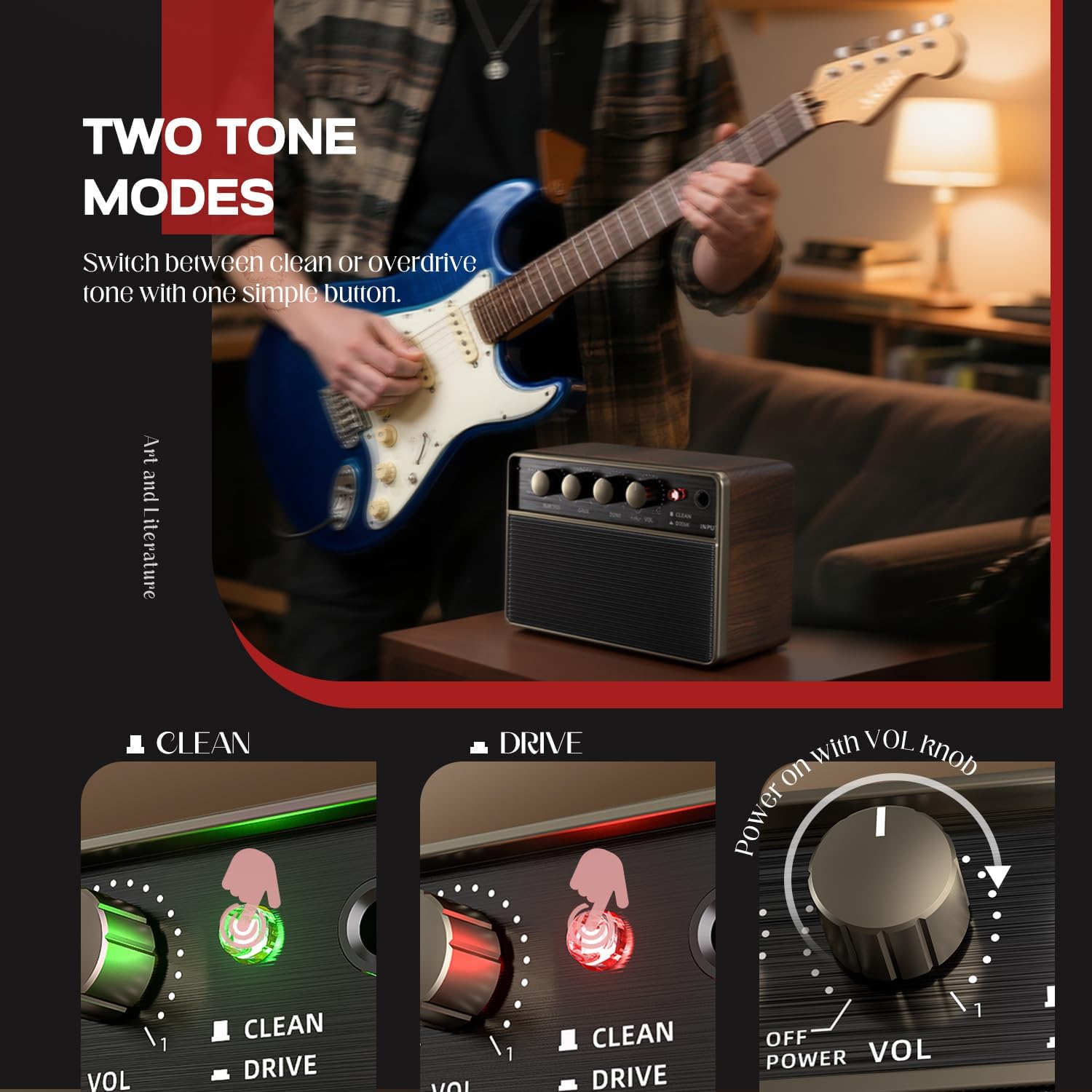 Mini Electric Guitar Amp, Rechargeable 10W Small Portable Guitars Amplifier 5.9*3.9*2.6in Clean/Drive Channels,Wireless Audio,USB-C,6H Working,Headphone Out/AUX In,Compact Practice Travel Speaker Amps - Image 7