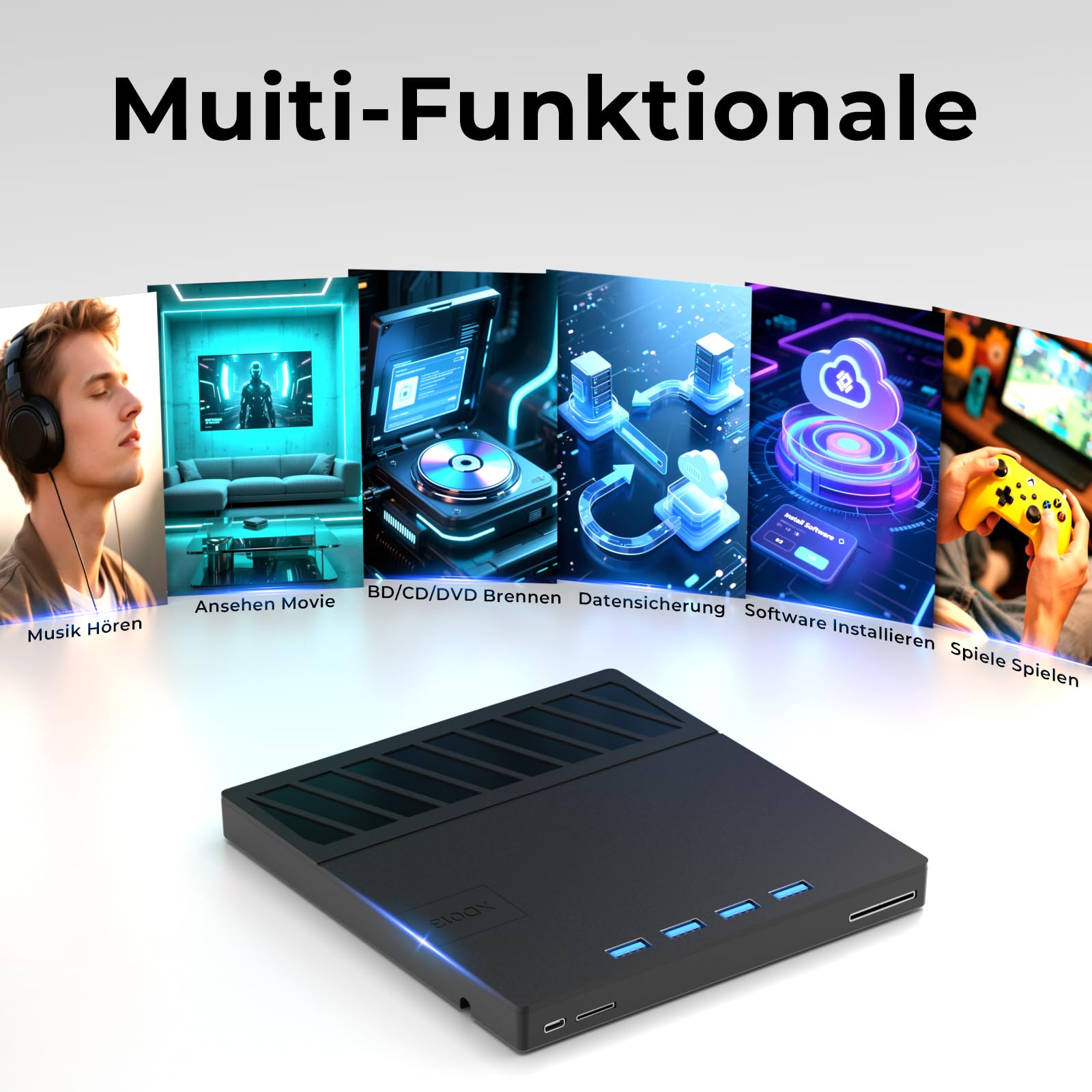 Externes Blu-ray Laufwerk, DVD/BD Player Lesen/Schreiben, Blu-ray Laufwerk, Externes USB Laufwerk mit 4 USB Ports und 1 SD/TF Slot USB 3.0 Type-C Blu-ray Laufwerk Drive für Laptop PC Windows Mac OS