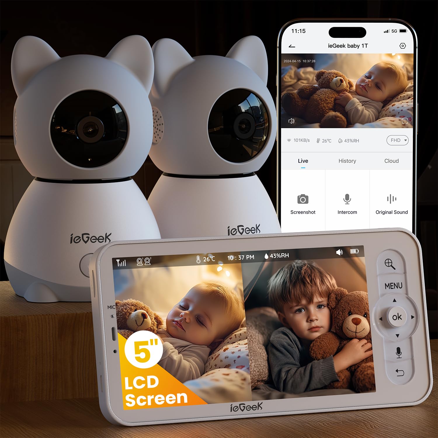 ieGeek 5" Split-Screen Baby Monitor with 2 Cameras and Night Vision, 2K Video Baby Camera, Two-Way Talk, Cry & Motion Detection, PTZ, Remote Control via Screen and Free APP (Light Grey 2 Cameras)
