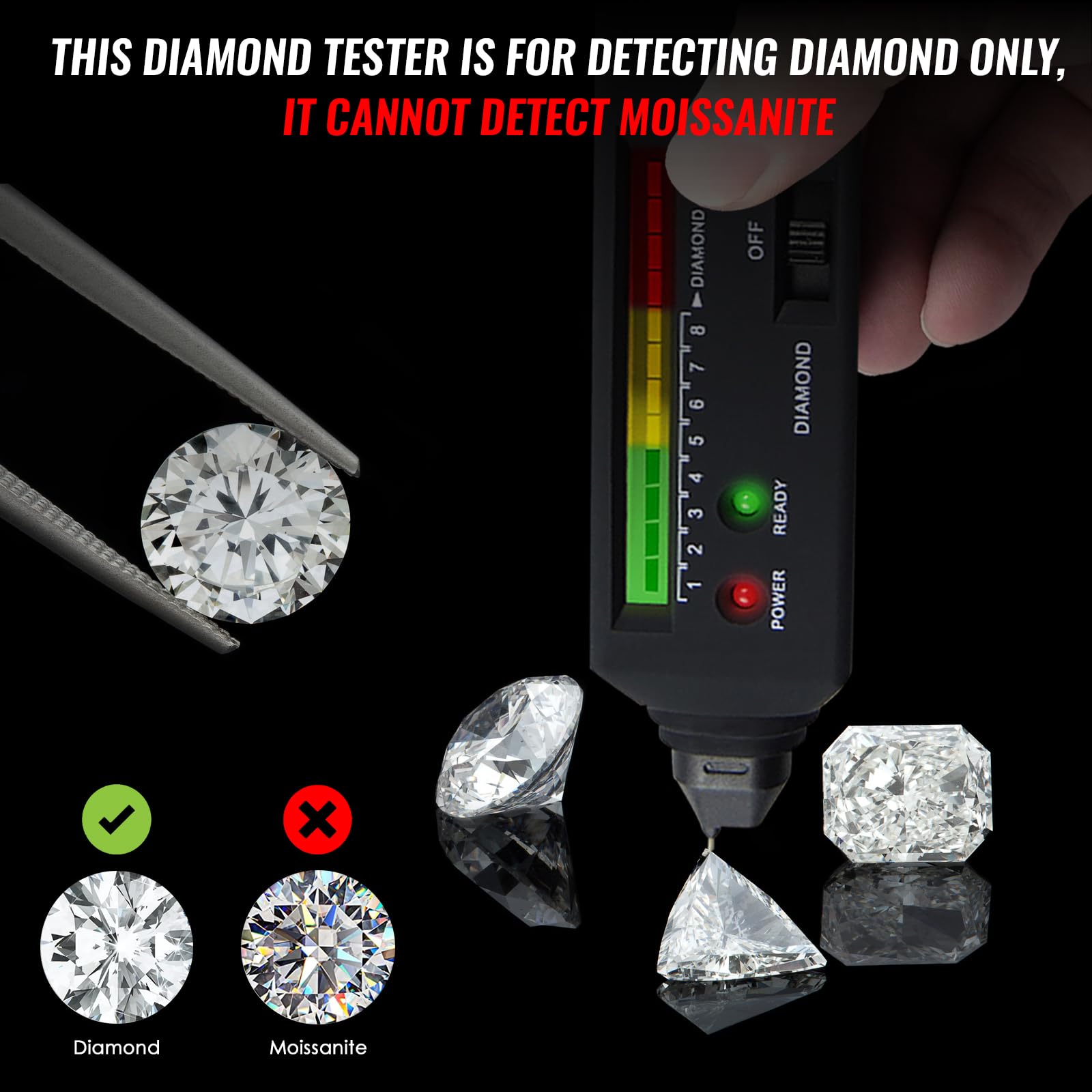 Diamanttester mit hoher Genauigkeit, professioneller Schmuck-Diamant-Selektor mit UV-Licht für Anfänger und Experten, Juwelier-Werkzeug, echter Diamant-Tester für verschiedene Größen von