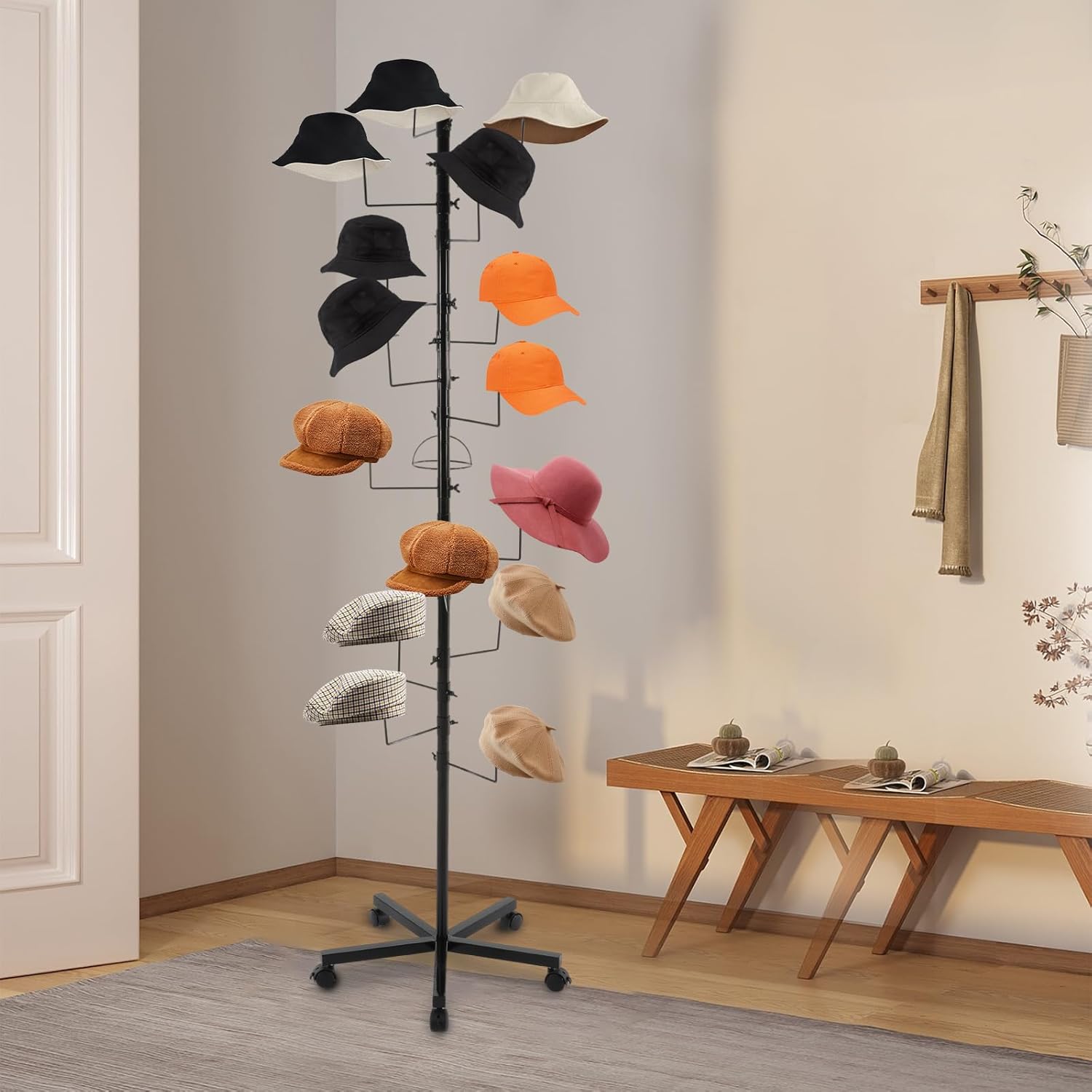 Hat Display Rack Stand 7 Tiers Solid Color Metal Standing Hat Rack Stand with 16/25/30 Hooks & Wheels Movable Freestanding Hat Holder Storage Organizer for Retail Store, Home (16 hooks, Black)