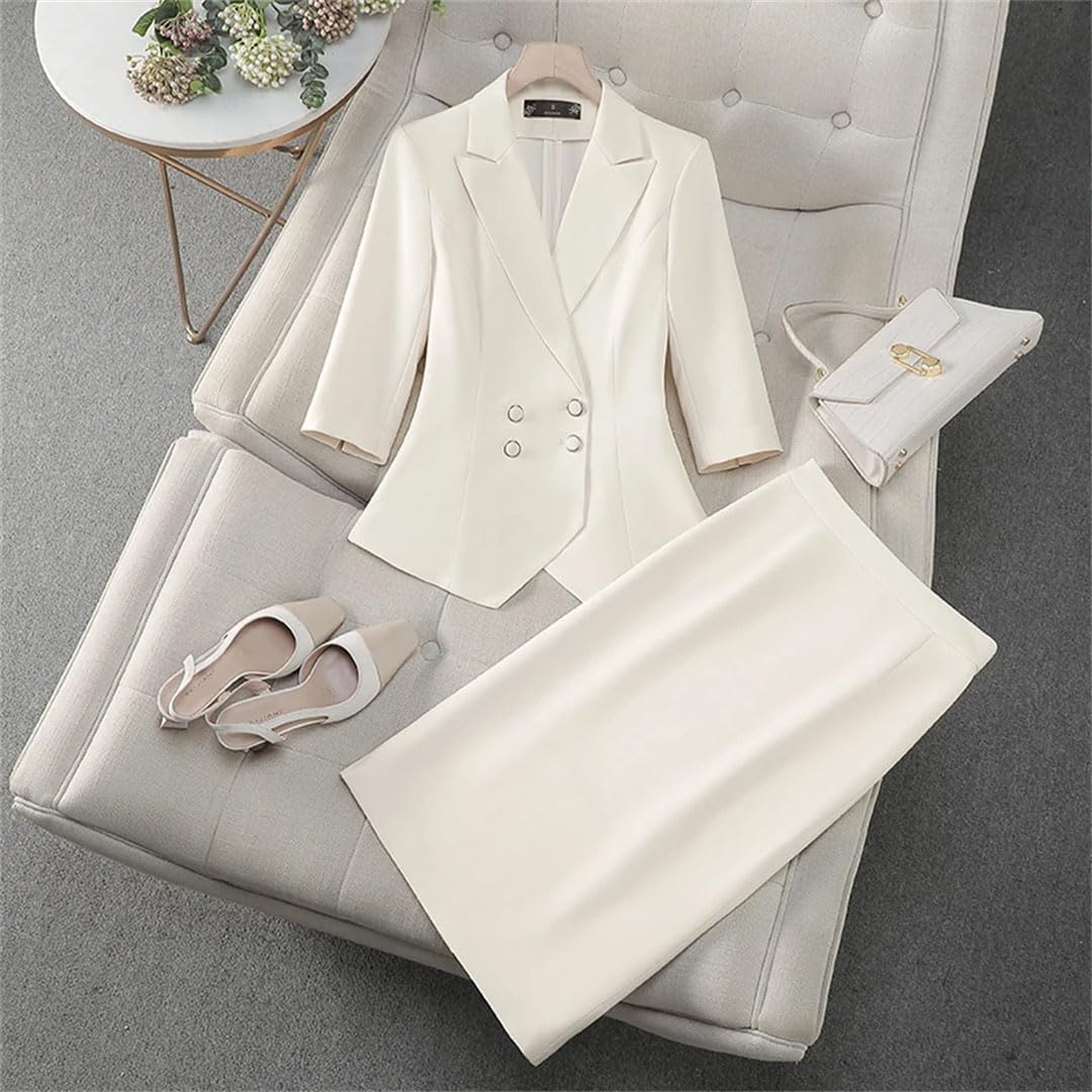 Women's Solid Lapel Long Sleeve Double Breasted Office Suit Jacket and Skirt Set