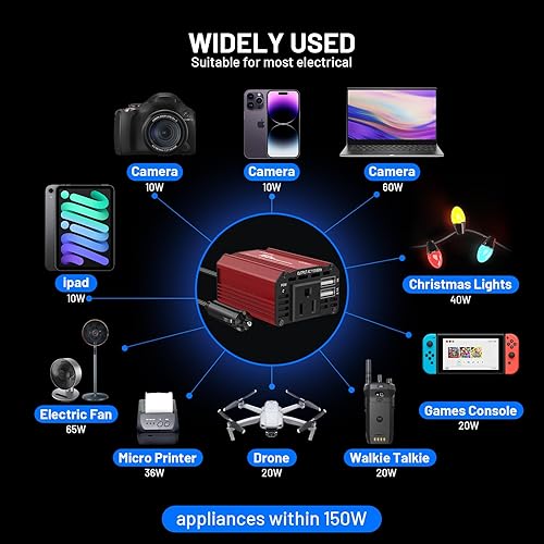 Miniatura 6 de LVLUO Inversor de corriente para automóvil de 150 W, 12 V CC a 110 V, adaptador de convertidor de CA, enchufe de salida W3.1 A, cargador de coche