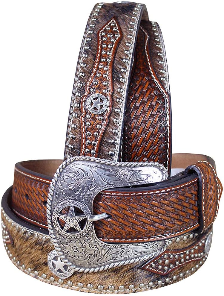 M & F Western Men's Studded Hair-On-Hide Basketweave Overlay Belt Tan 42