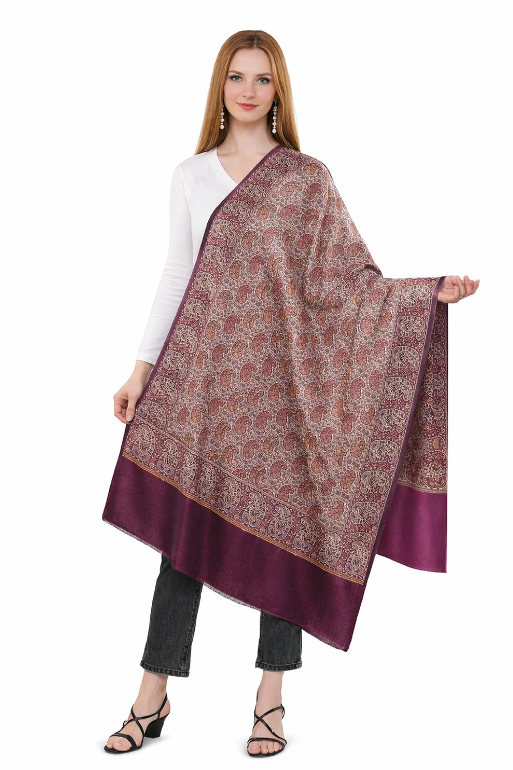 Women's Kashmiri Style Paisley Winter Shawl | Woven Wrap Stole-Purple-image-3