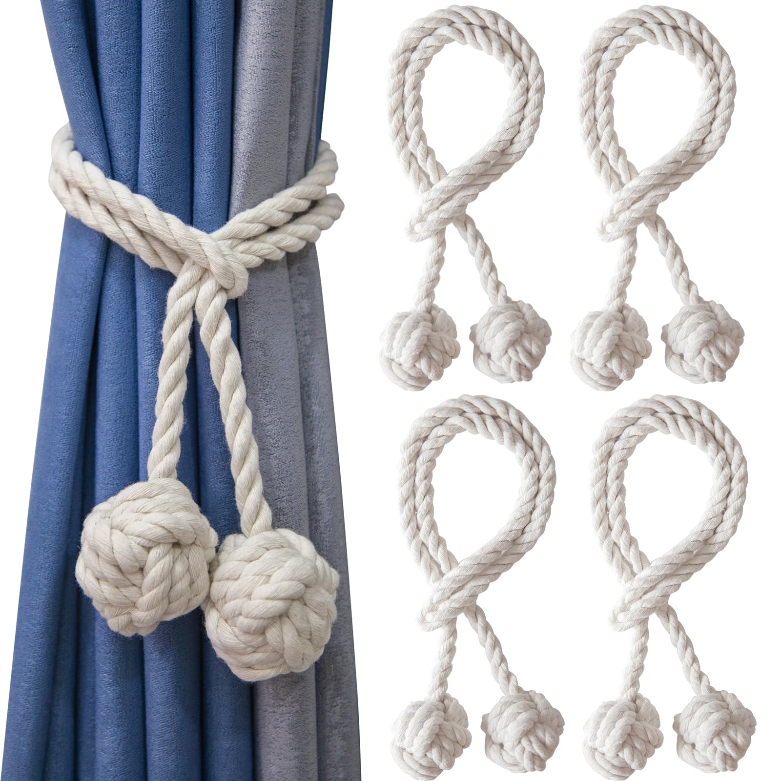 MAKNGRID and Curtain – Window | Natural Cotton Kitchen Installation Set of 4 Tiebacks for Rope No-Drill Decorative Rustic, Outdoor, Holdbacks Décor Beige Farmhouse,