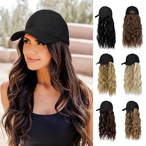 Lansigreen Gorra de béisbol con extensiones de cabello, peluca ajustable, sombrero largo, ondulado, rizado, sintético, postizo para mujer, color