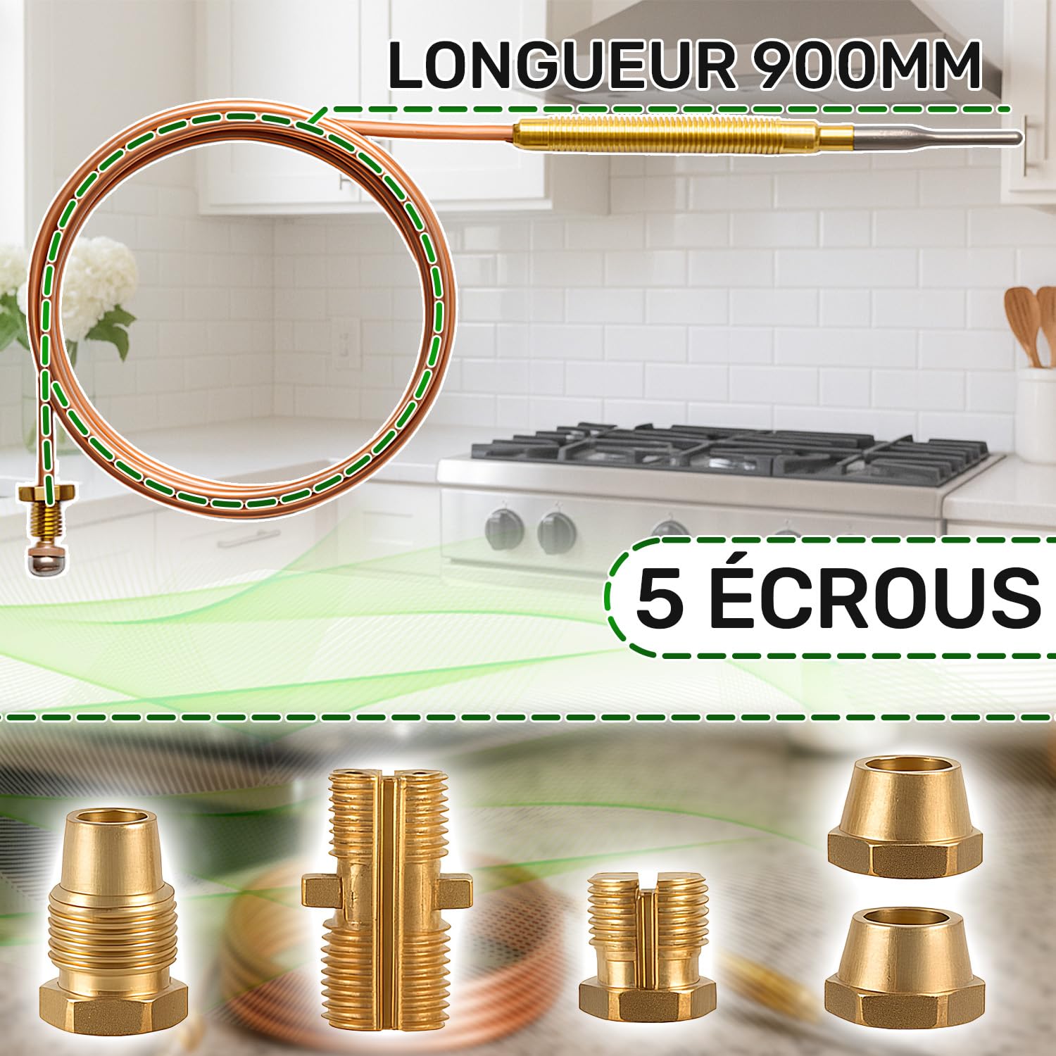Universel Thermocouple 900 mm avec 5 Écrous pour Gaziniere Gaz - Garantie de 5 Ans - ONIX TECH
