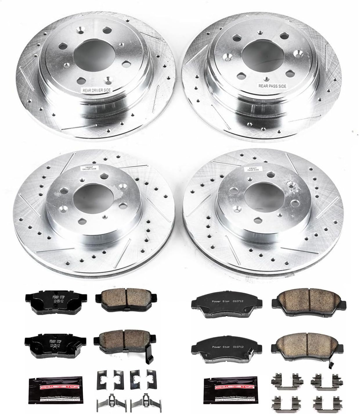PowerStop Front and Rear Brake Kit For Honda Civic del Sol 1994-97 - Drilled and Slotted Disc Rotors with Ceramic Brake Pads Replacement, K695