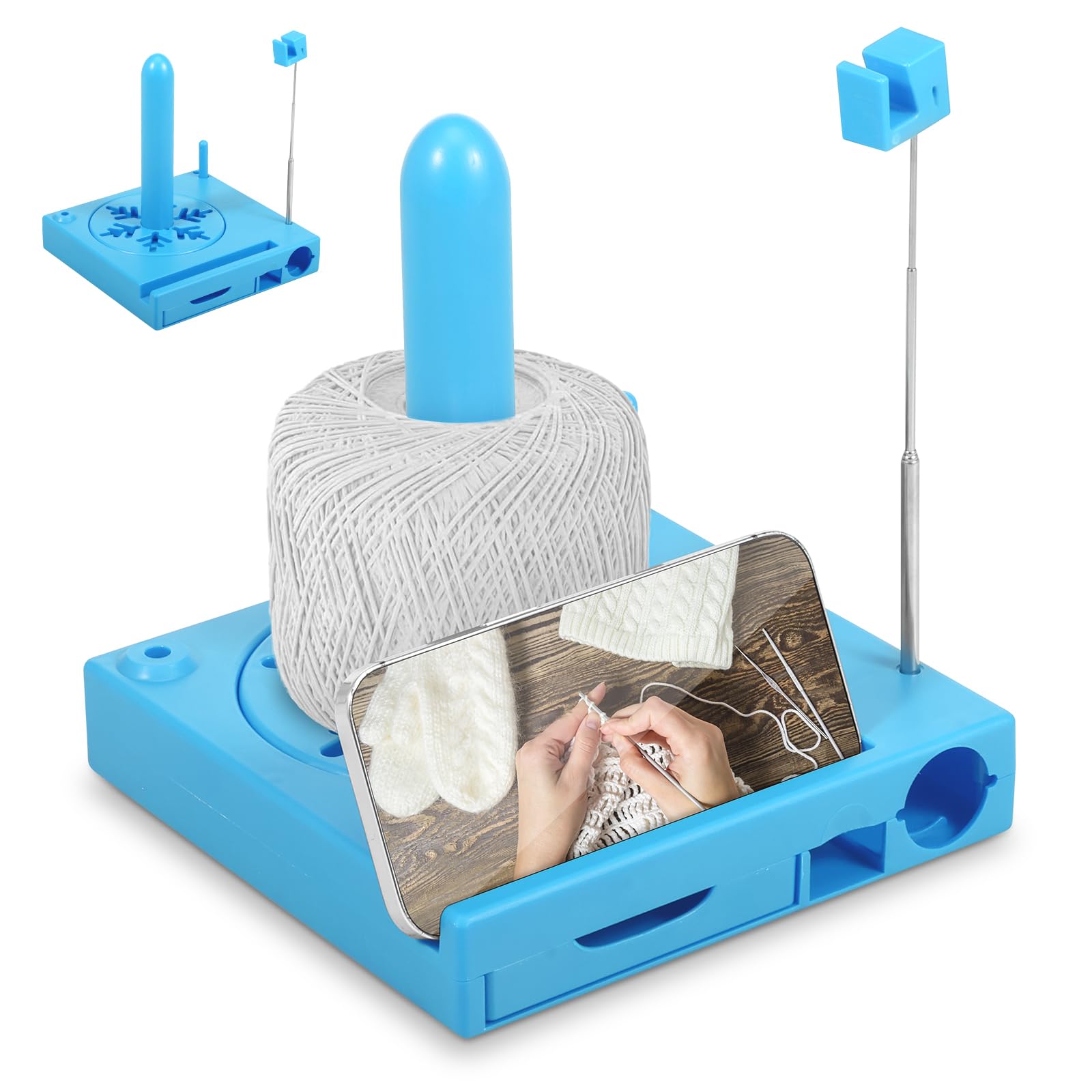 Zhjiutak Blue Crochet Caddy, Portable Yarn Spool Organizer Box Crochet Caddy Yarn Spinner Holder For Knitting With Phone Stand Detachable Spinner For Crocheting For Who Love To Crocheter(Blue)