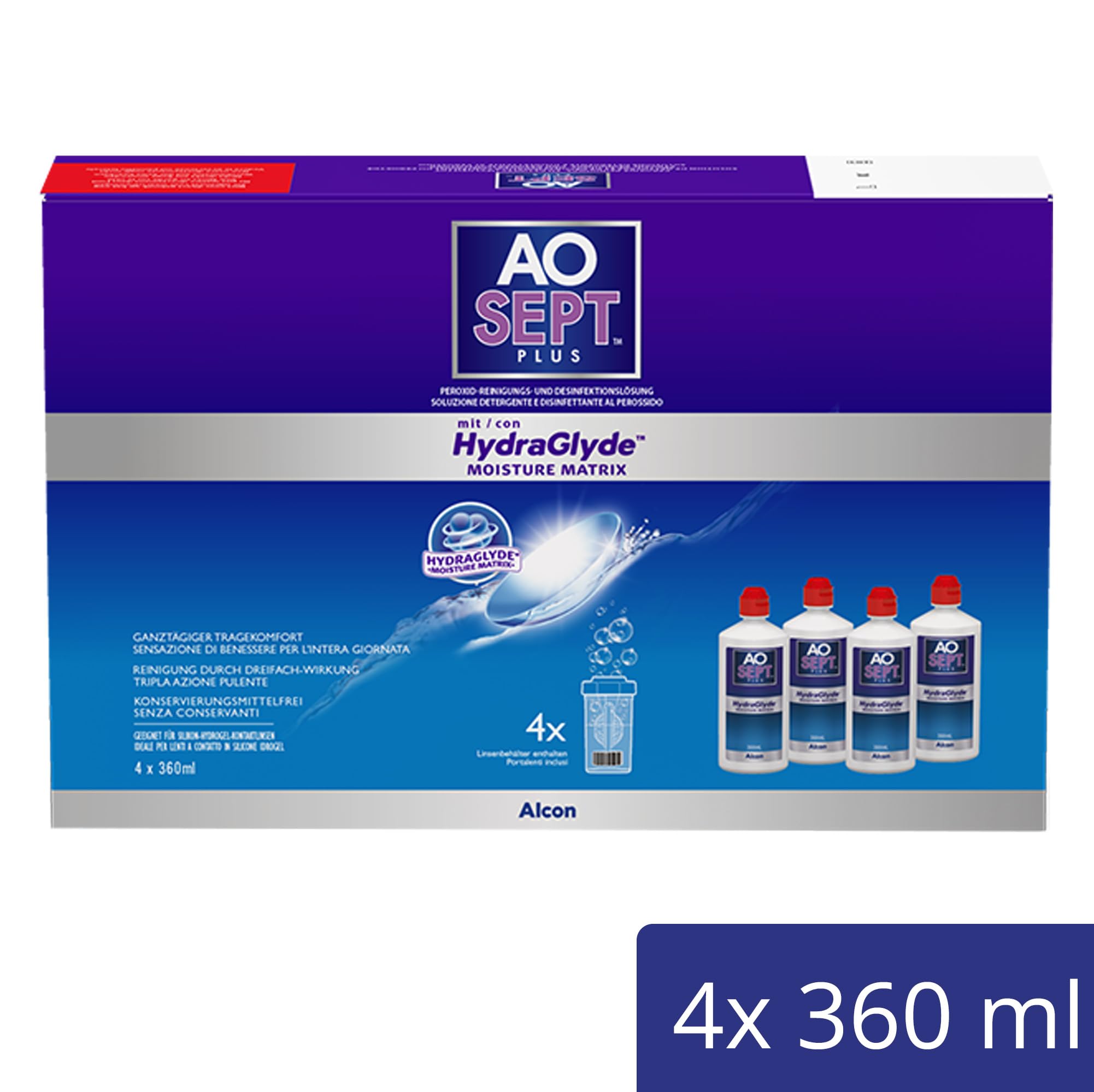 Aosept Plus mit Hydraglyde Kontaktlinsen-Pflegemittel | 4 x 360 ml | Sichere Desinfektion und makellose Reinheit. Frei von Konservierungsmitteln