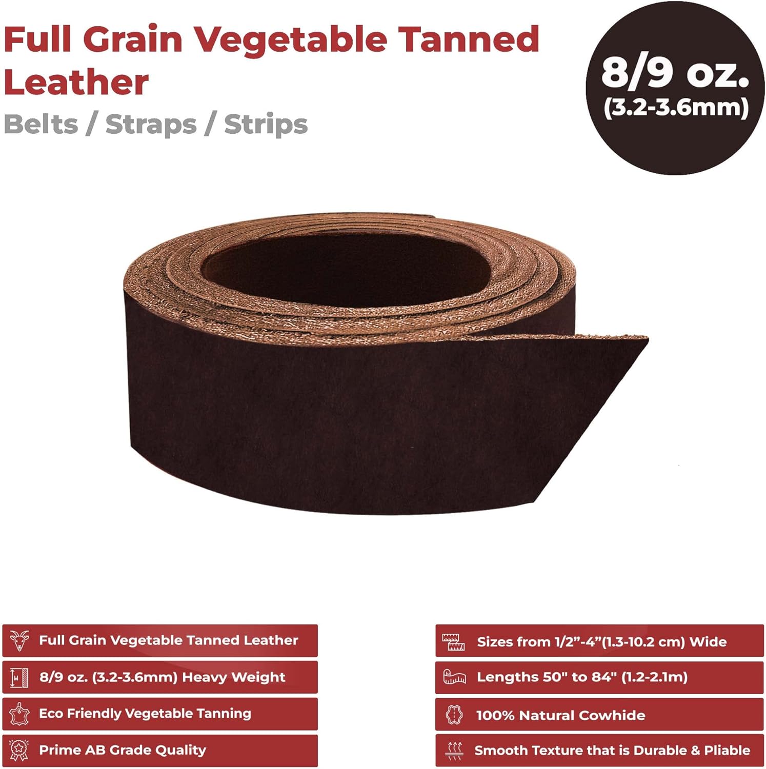 European Leather Work 8-9 oz. (3.2-3.6mm) Vegetable Tanned Leather Belt Blanks Size: 1-1/2"x60" | Dark Brown Color | Full Grain Cowhide Leather Belt Straps/Strips for Tooling, Carving, Stamping