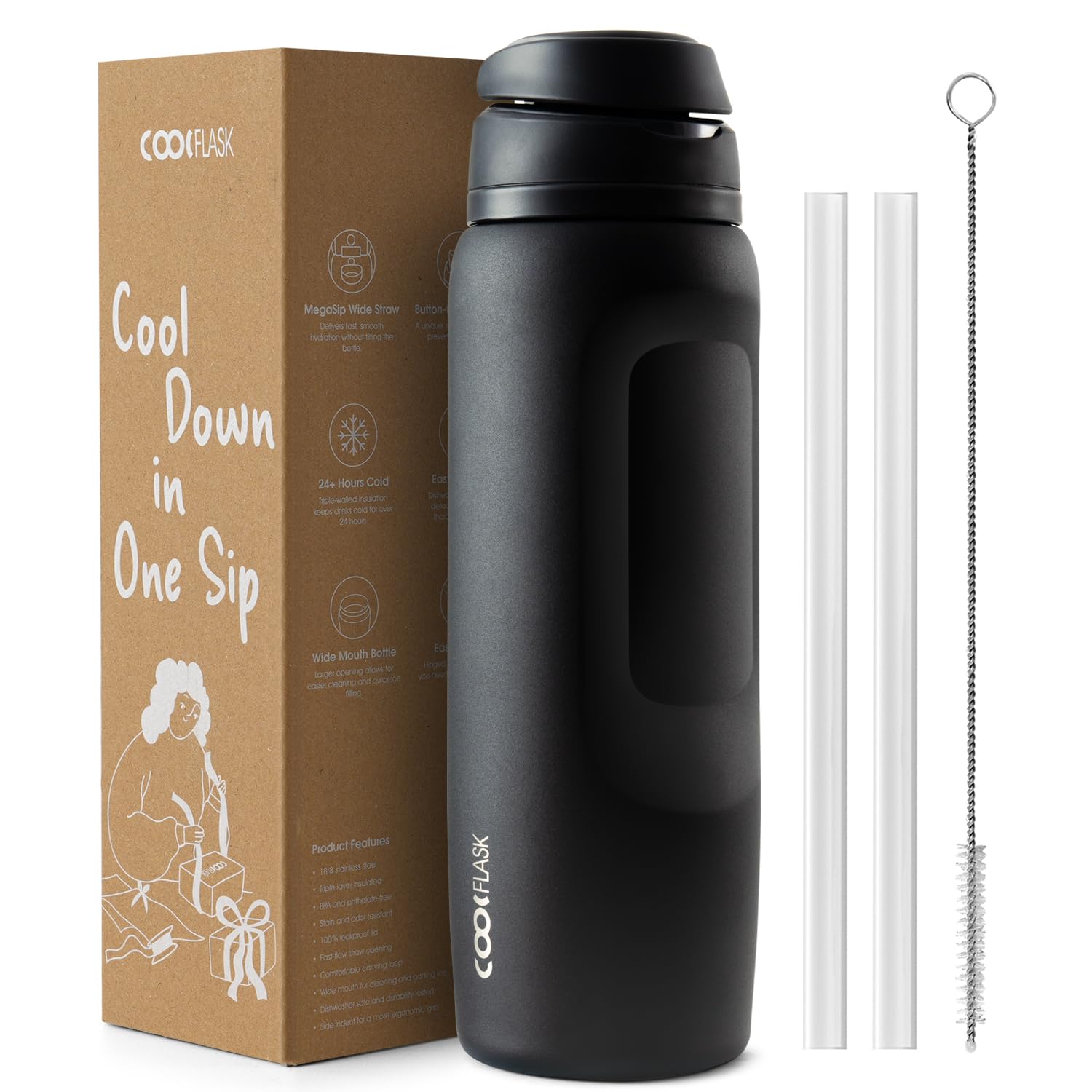 Coolflask MegaSip Water Bottle 1.2L with Straw, Stainless Steel Insulated Water Bottles Leak-Proof, 24+ Hours Cold, BPA-Free Dishwasher Safe, Water Flask for Sports Gym Work Office, Midnight Black