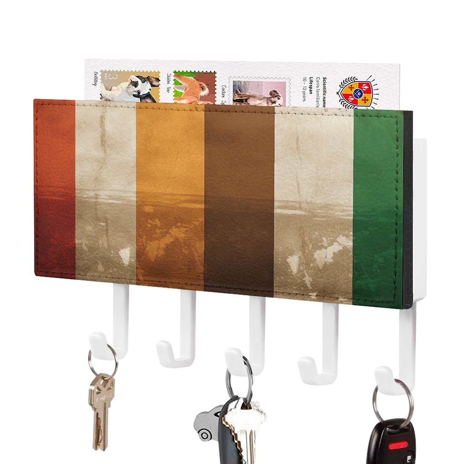 FekiLoot Different Colored Bars Key Holder Wall Mount Key Hanger with 5 Hooks Decorative Key Rack Hanging Key Hooks with Mail Organizer Key Holder for Wall Living Room Kitchen Bathroom Hallway White