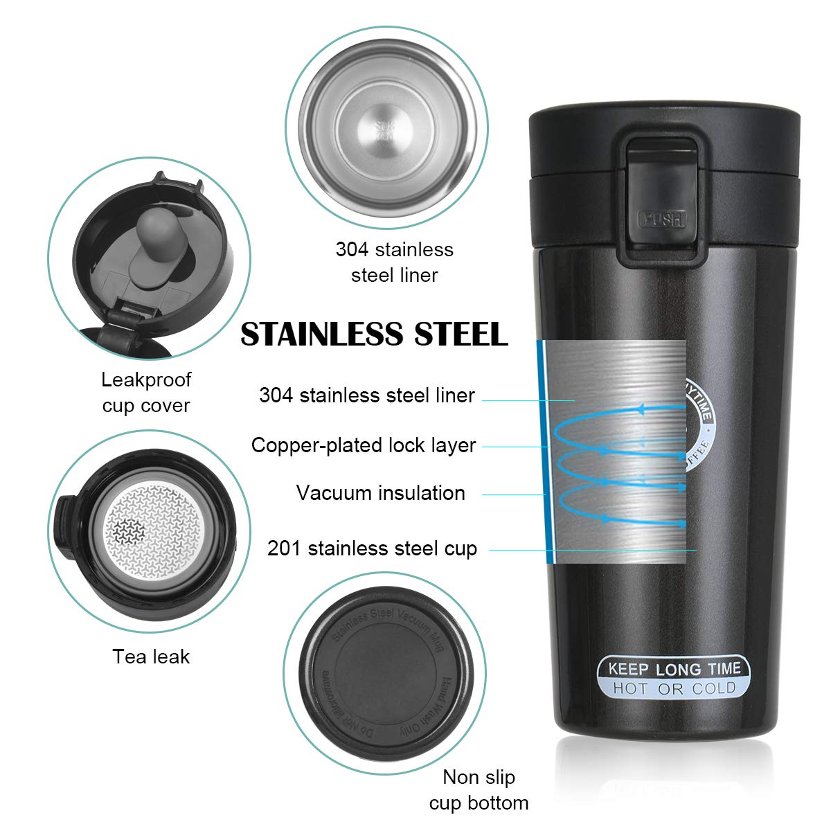 flintronic 500 ML Mug de Voyage, Double Paroi Gobelet en Acier Inoxydable Isolation sous Vide Bouteille d'eau Isotherme Eau Tasse à Café, Tasse à Double Paroi avec Paille, brosse et Couvercle