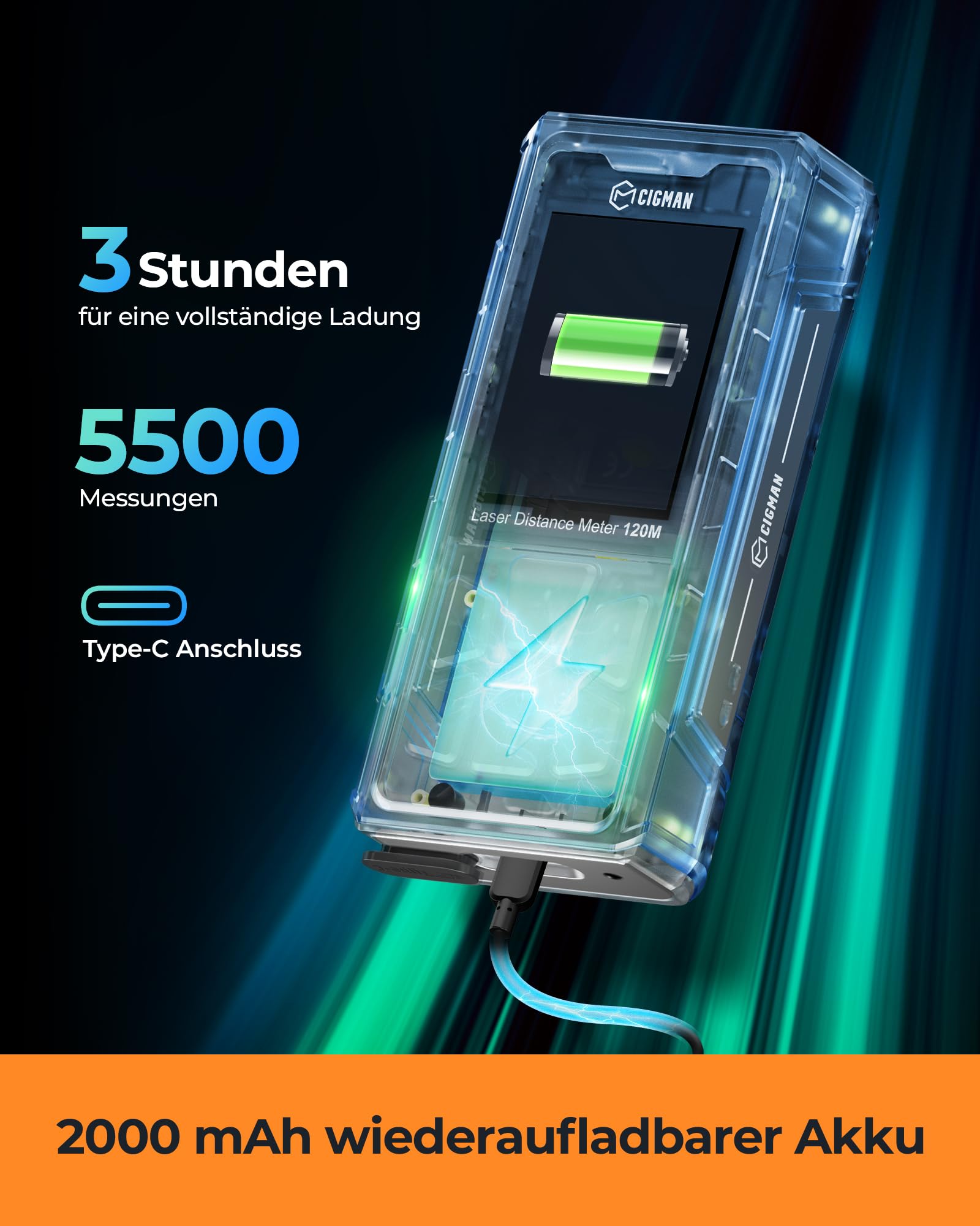 CIGMAN 120 m Laser-Entfernungsmesser mit Kamera & 4-Fach Zoom CD-120G | Mit Kamera und 4-fach Zoom für präzise Außenmessungen, LCD-Display, IP65,16 Messfunktionen,für Bau,Vermessung und Renovierung