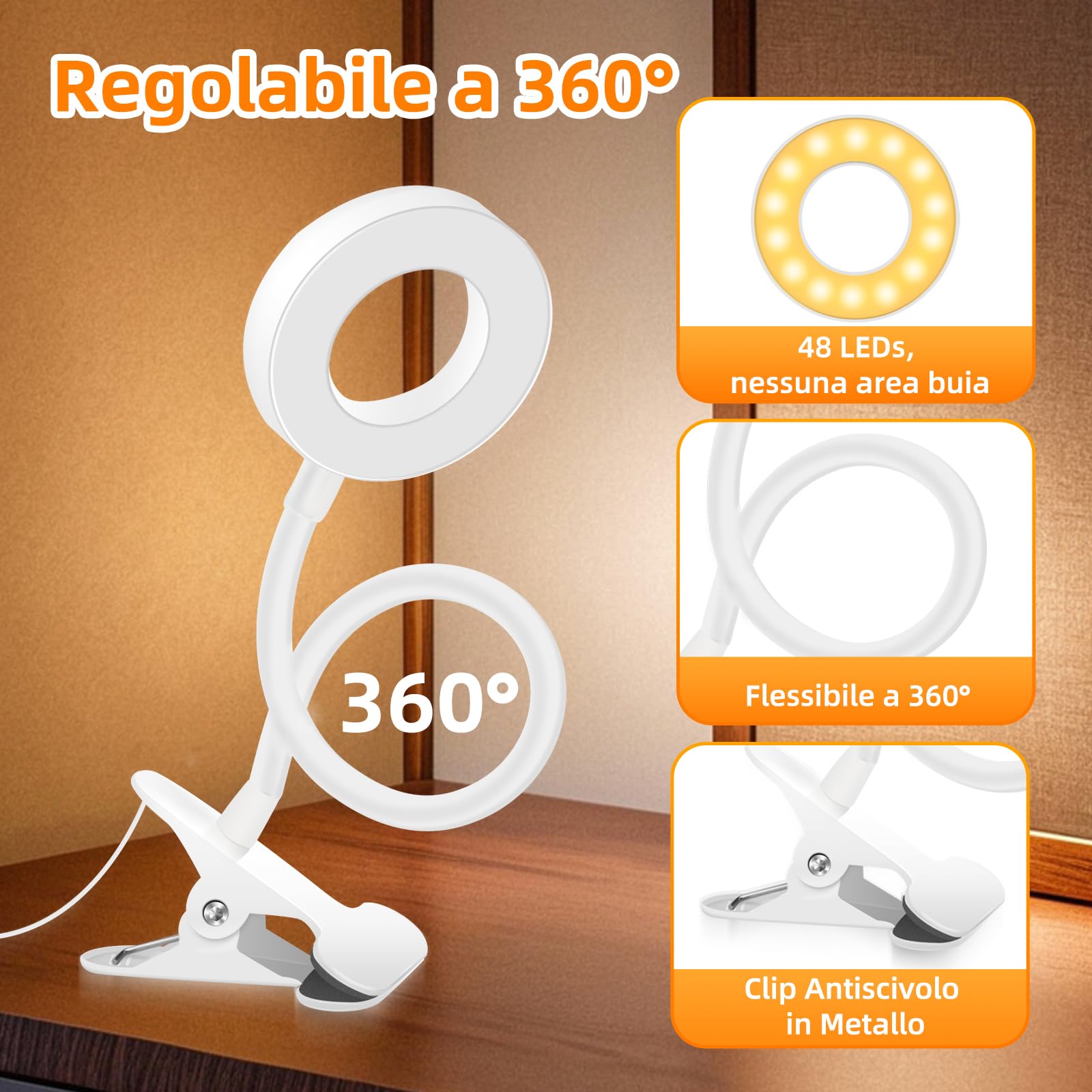 Lampada Da Lettura A Clip USB-C 48 LED – 3 Temperature Colore E 10 Livelli Di Luminosità, Braccio Flessibile 50 Cm