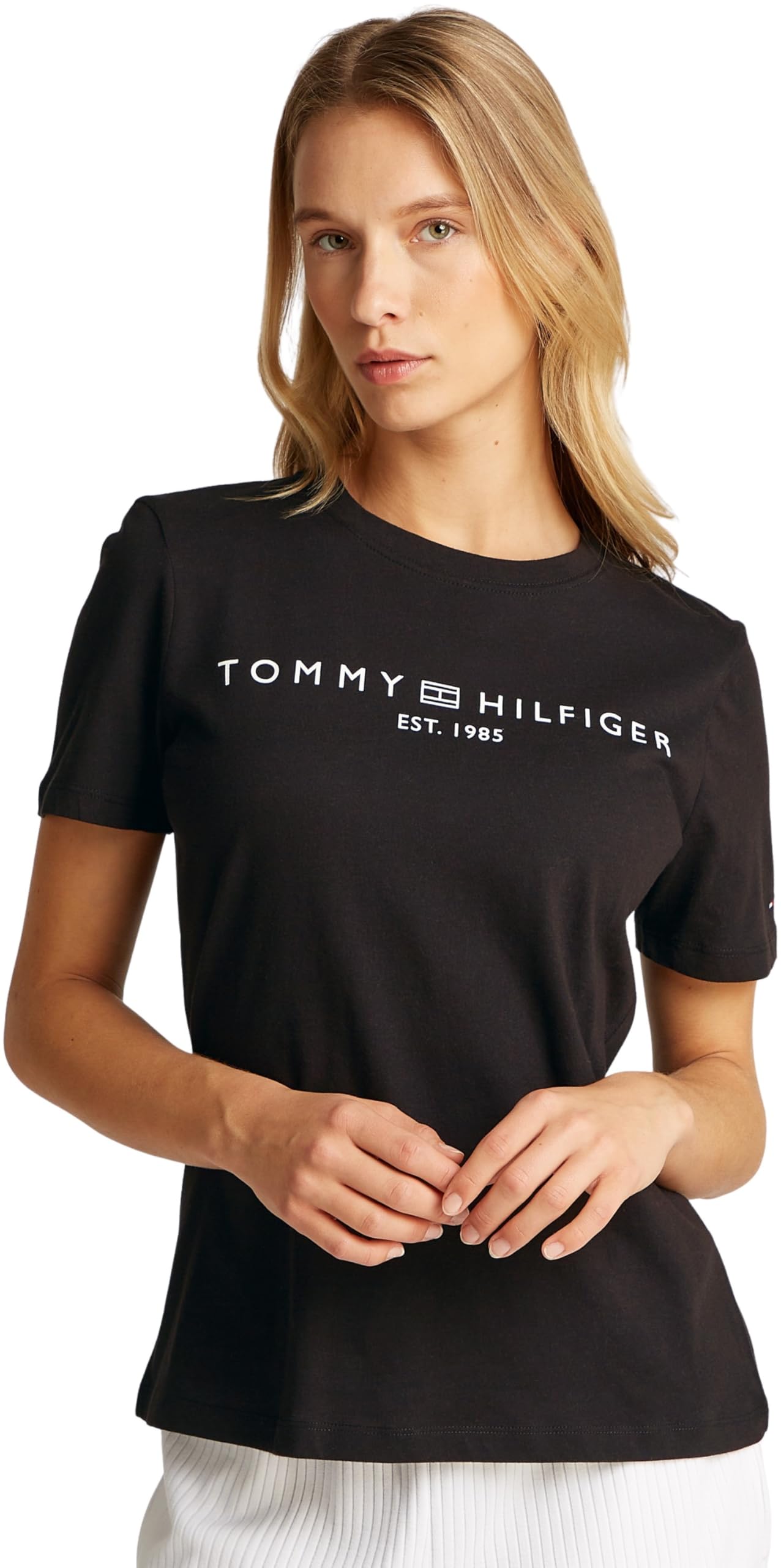 Tommy Hilfiger REG CORP LOGO C-NK T-Shirt – Damen, XS, schwarz