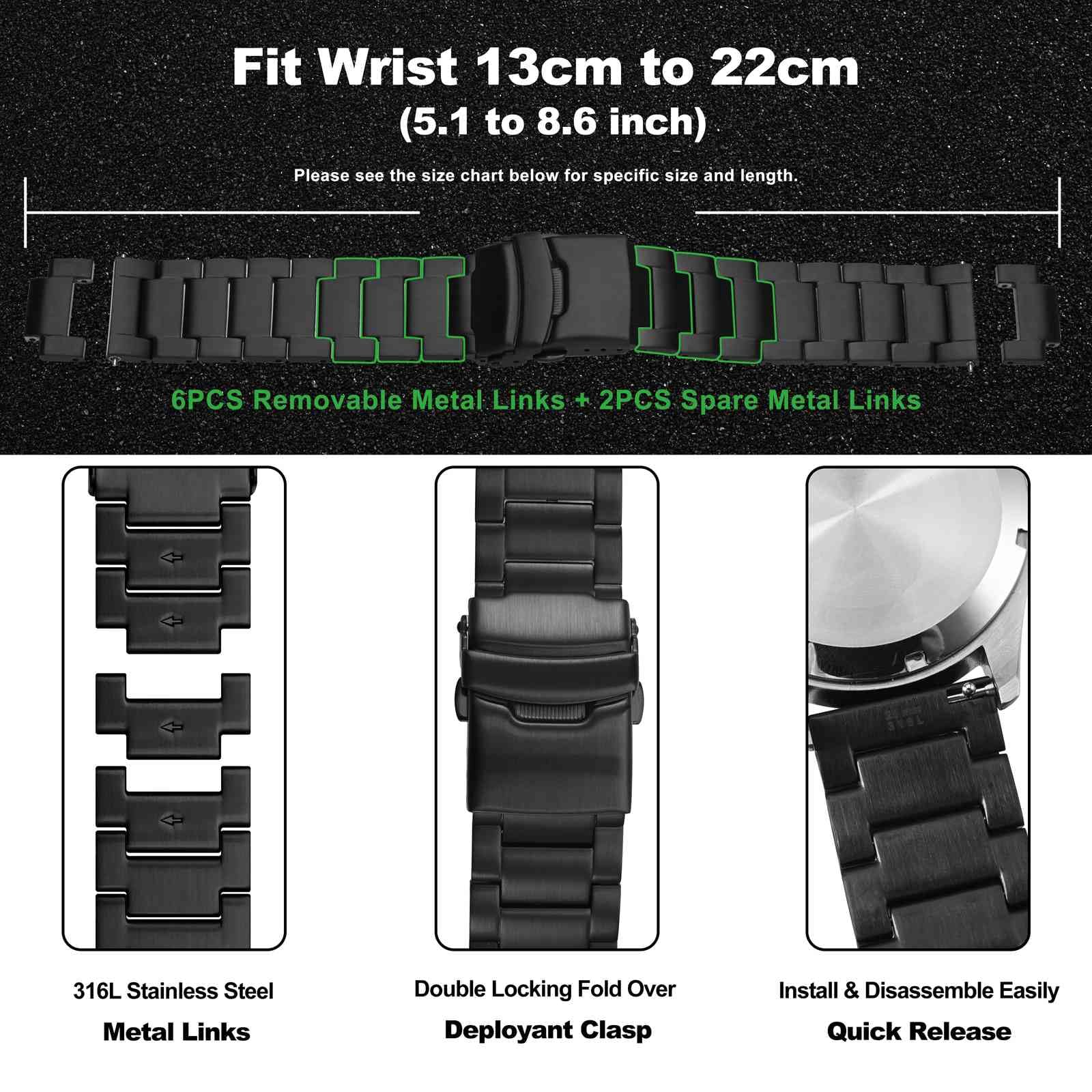 WOCCI Wytrzymały metalowy pasek do zegarka, zapasowy pasek ze stali nierdzewnej 316L, zapięcie zastępcze, kompatybilna szerokość uchwytu zegarka 18 mm, 20 mm, 22 mm, 24 mm