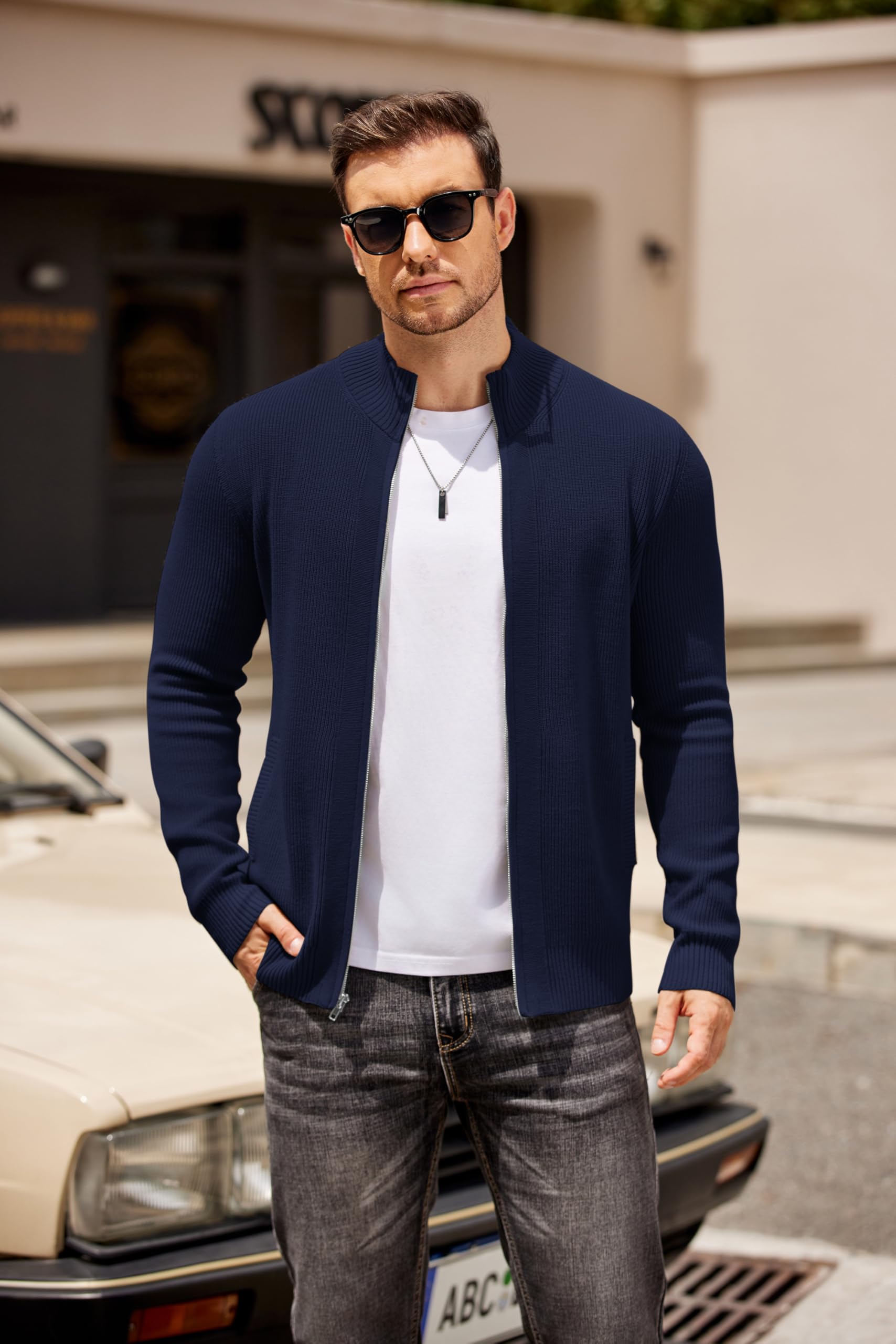 COOFANDY Cardigan à fermeture éclair pour homme - Coupe ajustée - Style décontracté - Col montant - Avec 2 poches avant