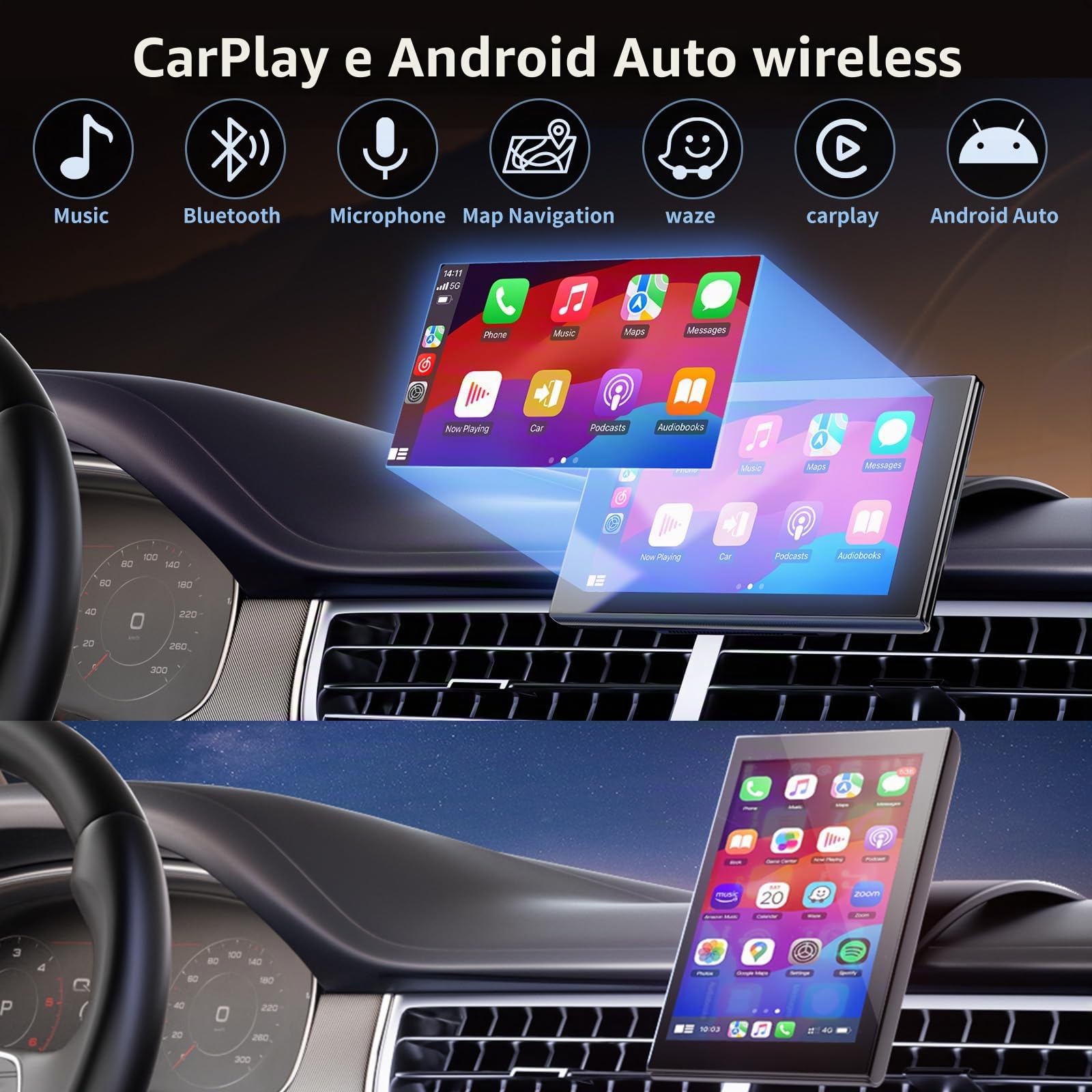 Display Portatile da 7" per Apple CarPlay e Android Auto | Schermo Orientabile Con Telecamera di Retromarcia, Mirror Link, Aggiornamenti OTA, Comando Vocale Bluetooth, per Autovetture