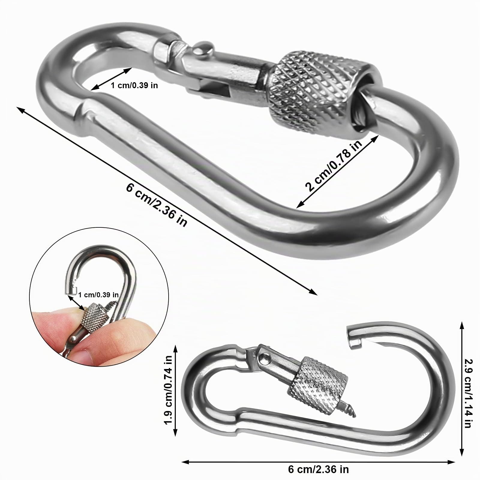 Lot de 4 Mousquetons M6 Acier Inoxydable 135 kg, Mousqueton à Vis pour Camping Clés Extérieur