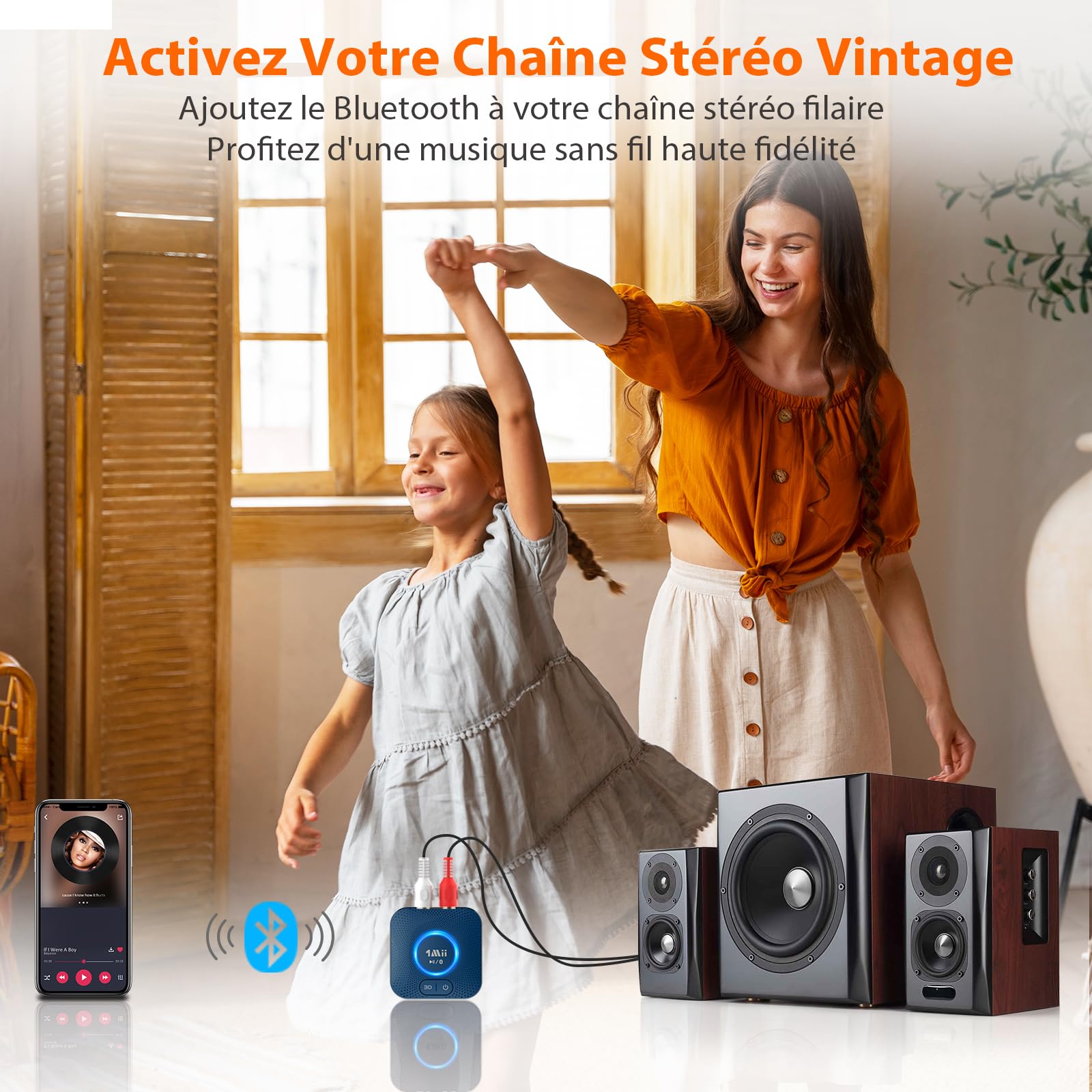 1Mii B06HD HiFi Récepteur Audio Bluetooth 5.3, Adaptateur Bluetooth pour Chaîne Stéréo Domestique, aptX HD Faible Latence, 3D Surround, 15hrs Playtime, RCA 3,5mm AUX Jack