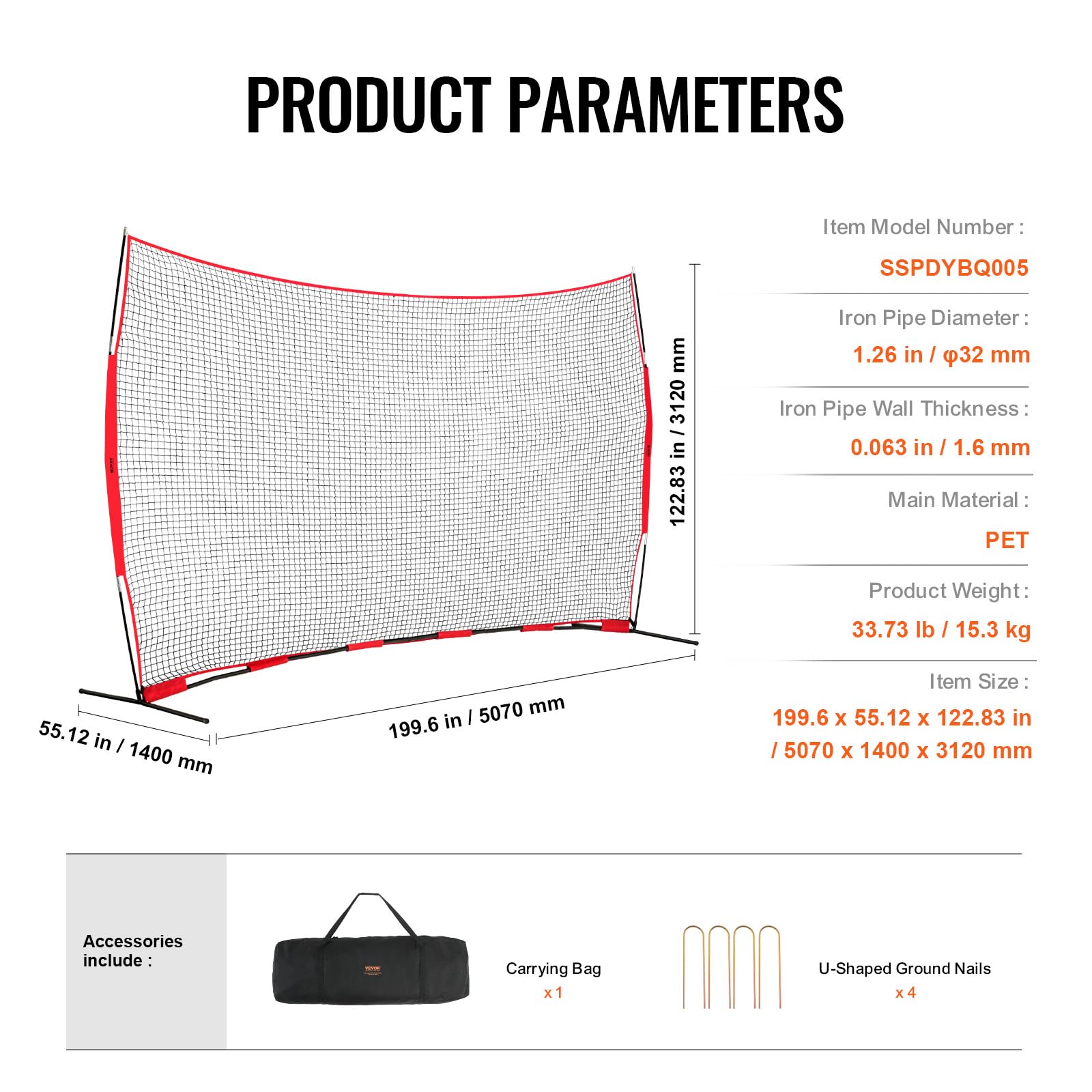 VEVOR Barricade Backstop Filet de Protection Portable avec Sac de Transport, écran de Protection pour Baseball, Softball, Lacrosse, Football, Hockey, pour arrière-Cour