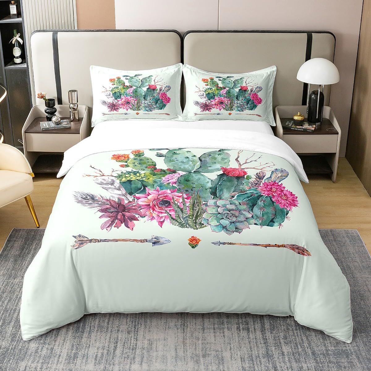 Cactus 100% Cotton Duvet Cover Double Size Boho Succulent Bedding Cotton Duvet Cover Set for Bedroom Botanical Print Bedding Set Natural Theme Indoor Green Plants Mat Green White Bedspread Cover โ image 1