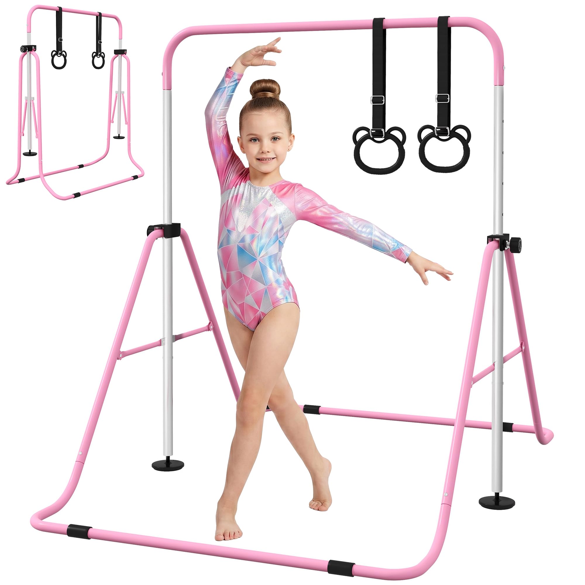 HOMCOM Sbarra Ginnastica Artistica da Casa Pieghevole per Bambini 3+ Anni, Attrezzatura da Allenamento ad Altezza Regolabile con 2 Anelli e Tappetini Antiscivolo