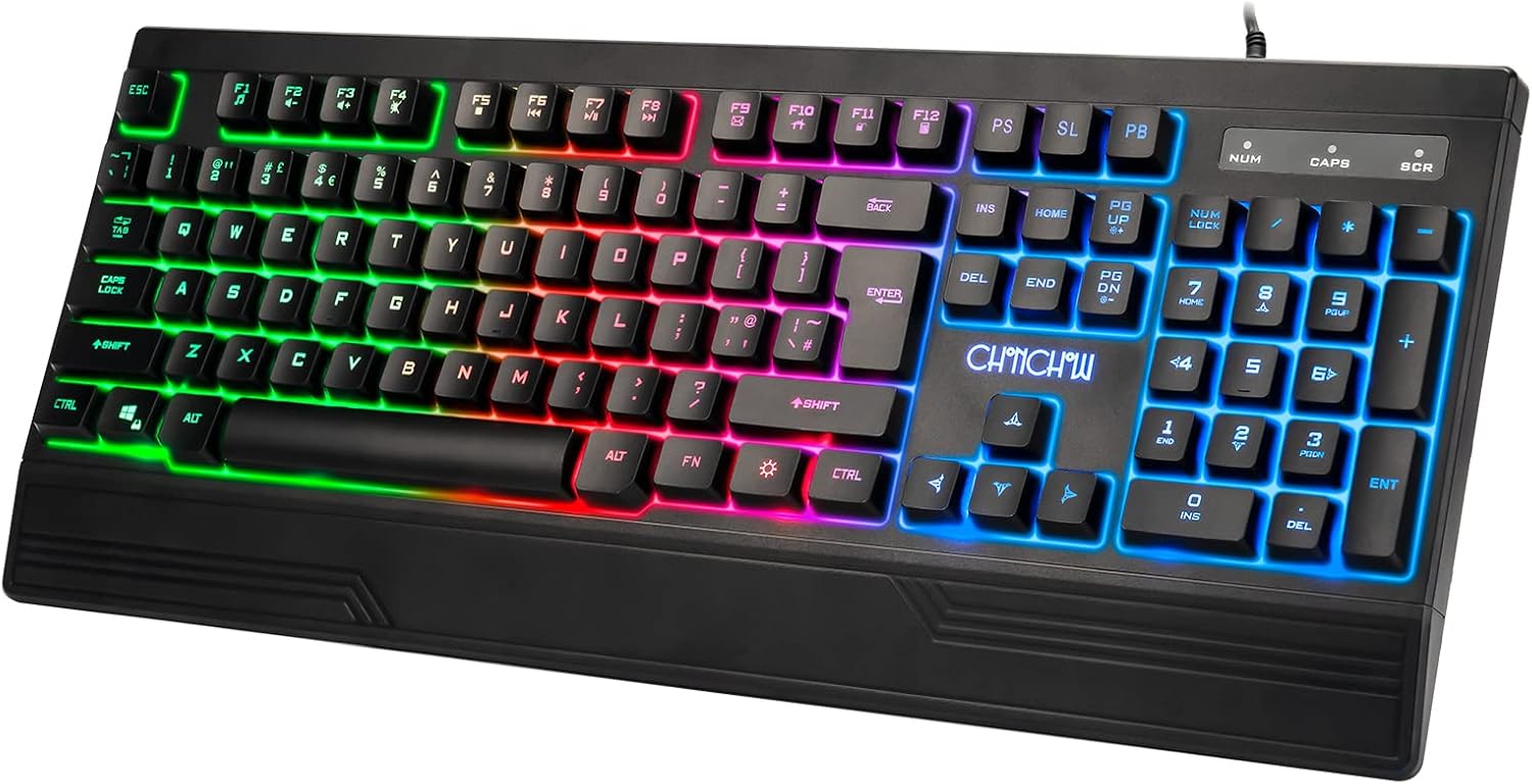 CHONCHOW Ergonomic LED Rainbow Keyboard for Game and Work, USB Wired RGB Backlit Gaming Keyboard with Wrist Rest, 104 Quiet Keys for PC, Xbox, PS4, PS5, Laptop