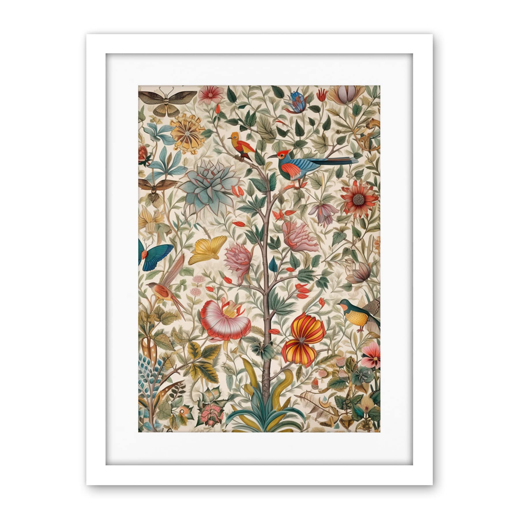 Artery8 Butterflies And Flower Plants Pattern Folk Art Watercolour Painting Artwork Framed Wall Art Print 18X24 Inch