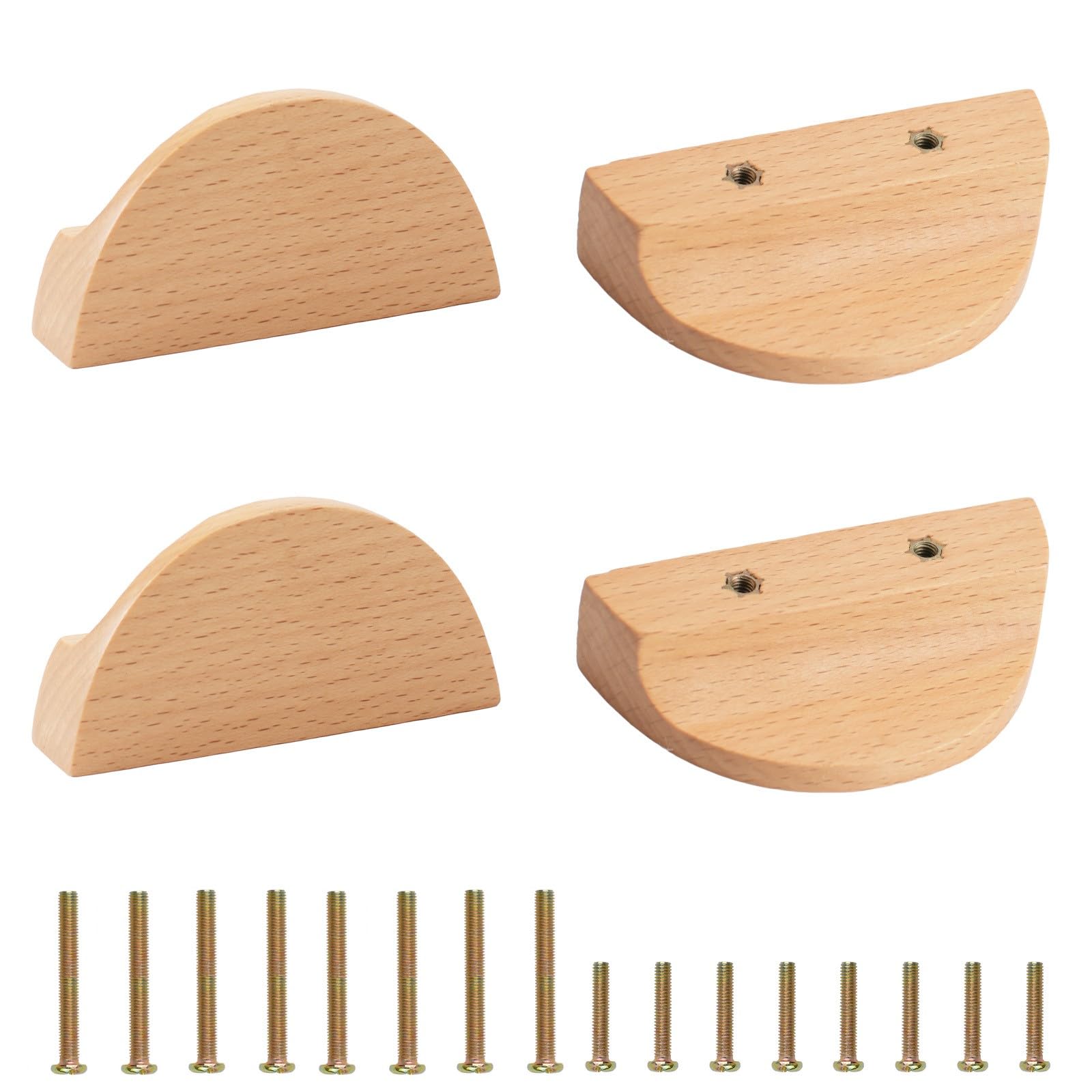 MOROBOR - Tiradores de cajón en forma de media luna, 4 piezas de madera semicircular en madera de haya, herrajes de cajón de armario doble orificio para armario con cajones