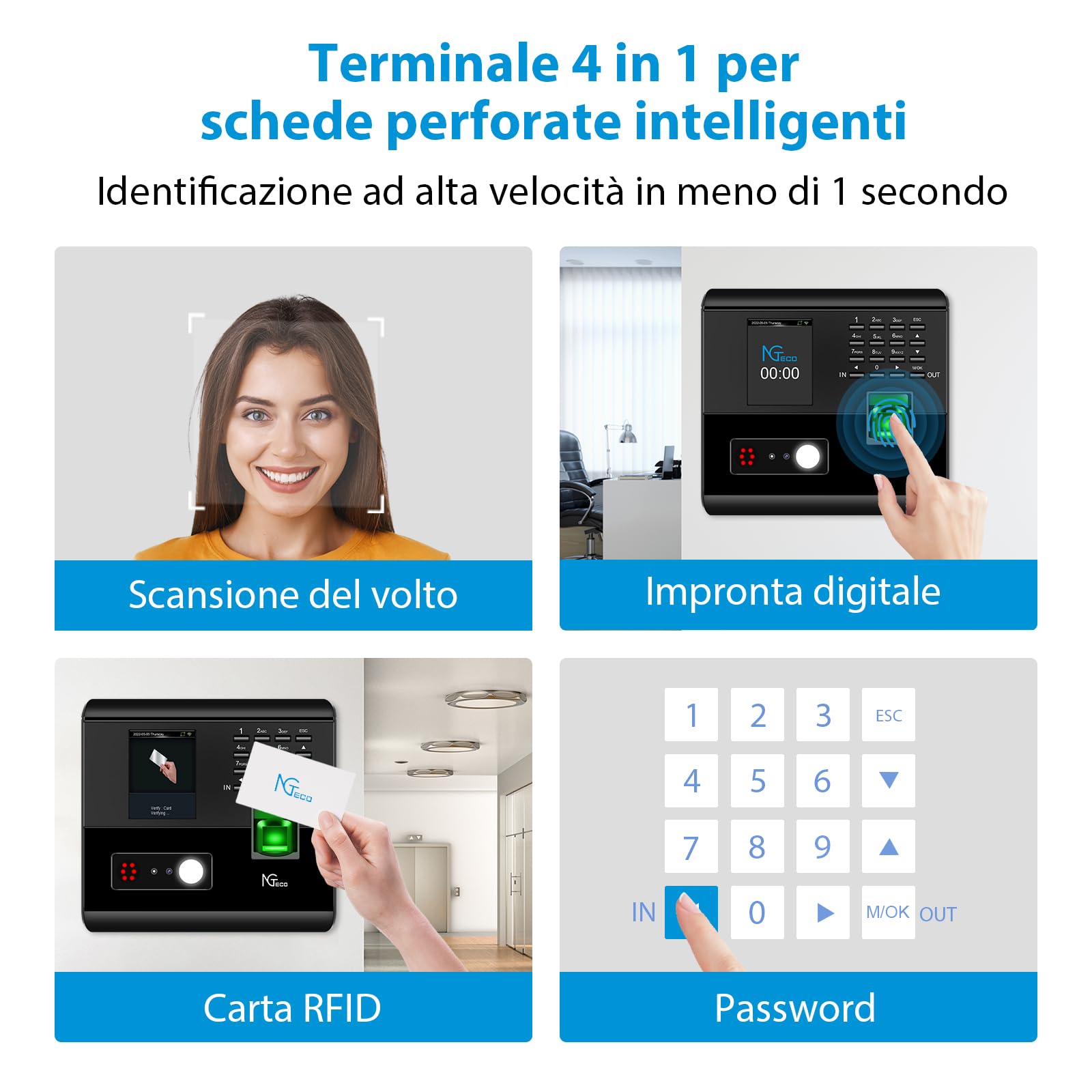 NGTeco WIFI Rilevazione Presenze: Dispositivo con riconoscimento facciale, impronte digitali, badge RFID e PIN, compatibile con iOS e Android, per presenze dipendenti(English)