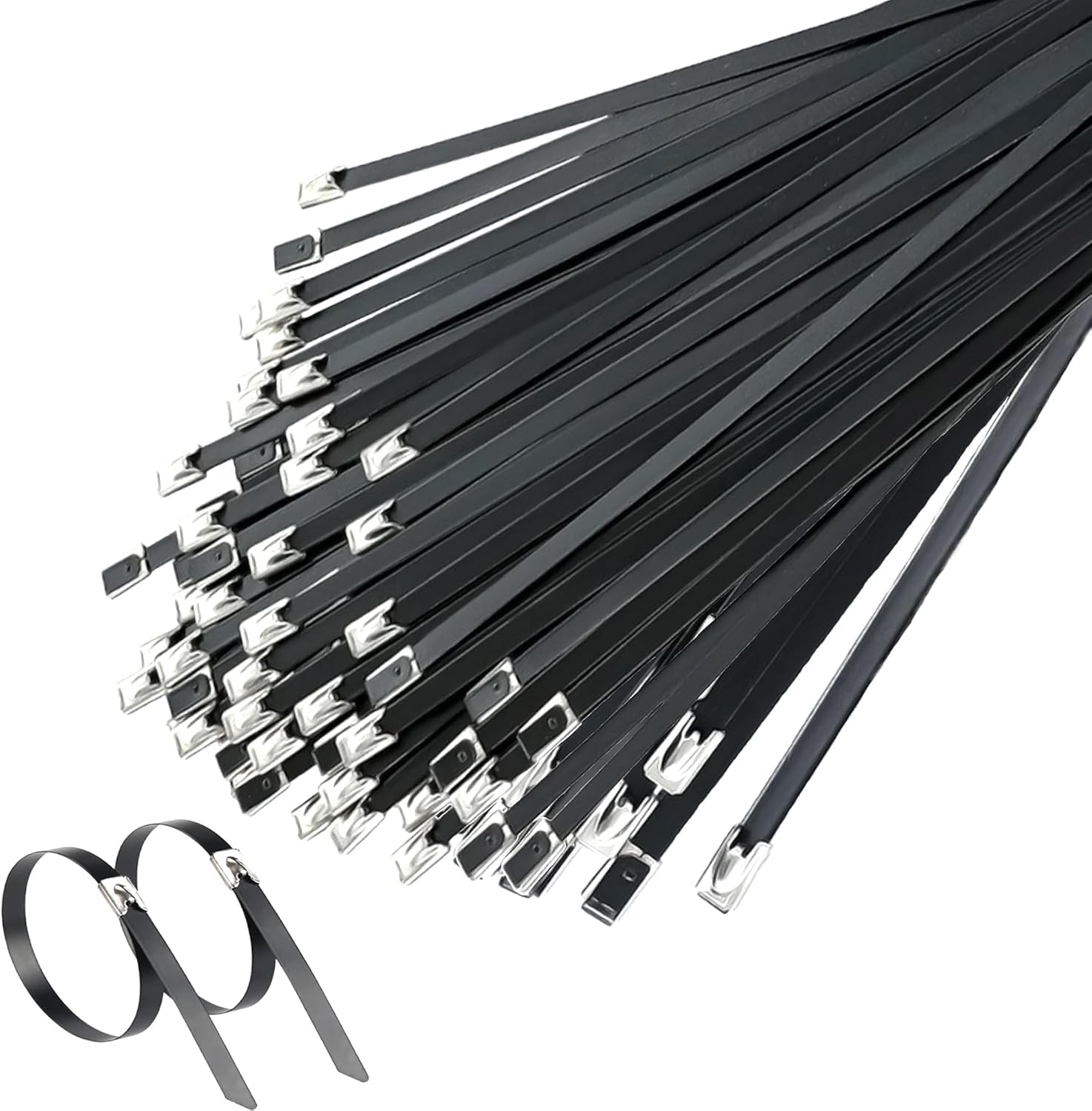 Black Stainless Steel Cable Ties, Deecam 50 Pcs 4.6×300mm Metal Cable Tie, 304 Stainless Zip Ties with Steel Ball Stopper