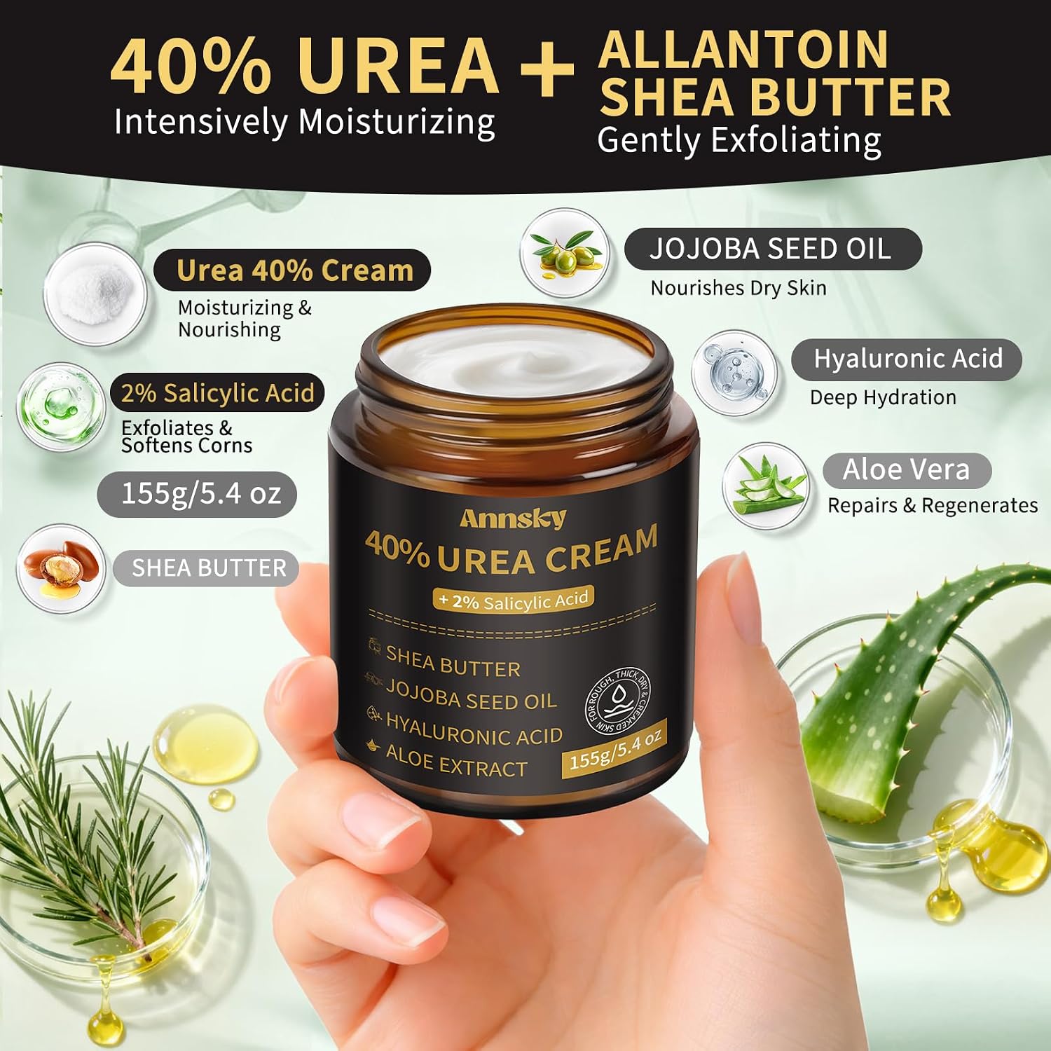 Urea Cream 40% Plus Salicylic Acid 2%, Foot Cream for Dry, Cracked Heels, Calluses Professional Feet Maximum Strength Moisturizing Cream, 155g