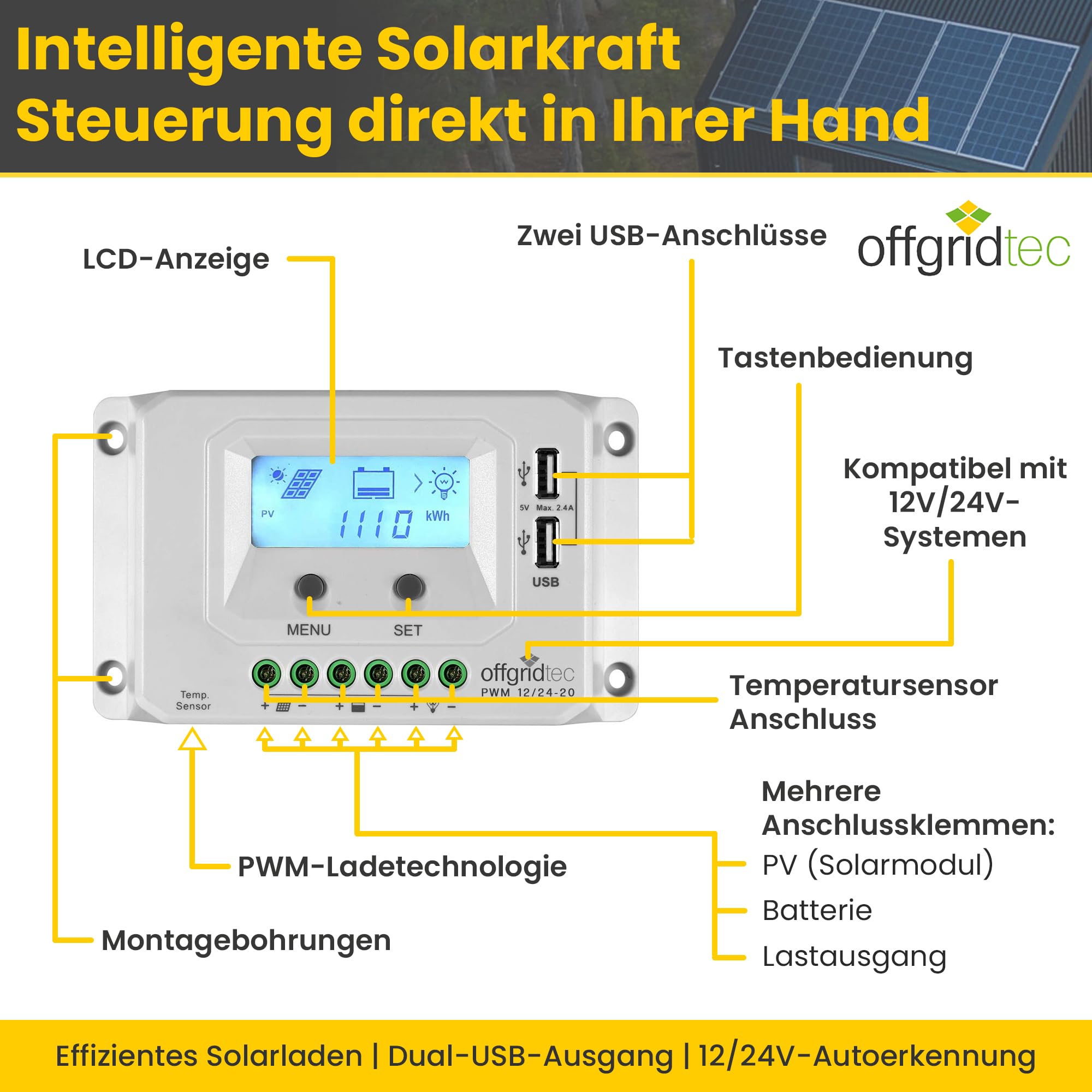 Offgridtec Premium-XL 010960 Système solaire pour camping-car 300 W 12 V avec régulateur de charge 30 A et écran LCD
