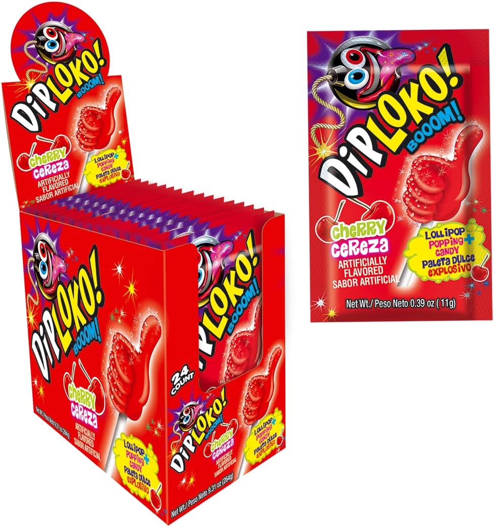 "DIPLOKO!" Boom Crackling Lollipop | Explosion of Flavor in the Mouth | Popping candy | 0.39 Oz Net Weight per Unit | 24 Count | Artificially Flavored (Cherry, 24 Count)