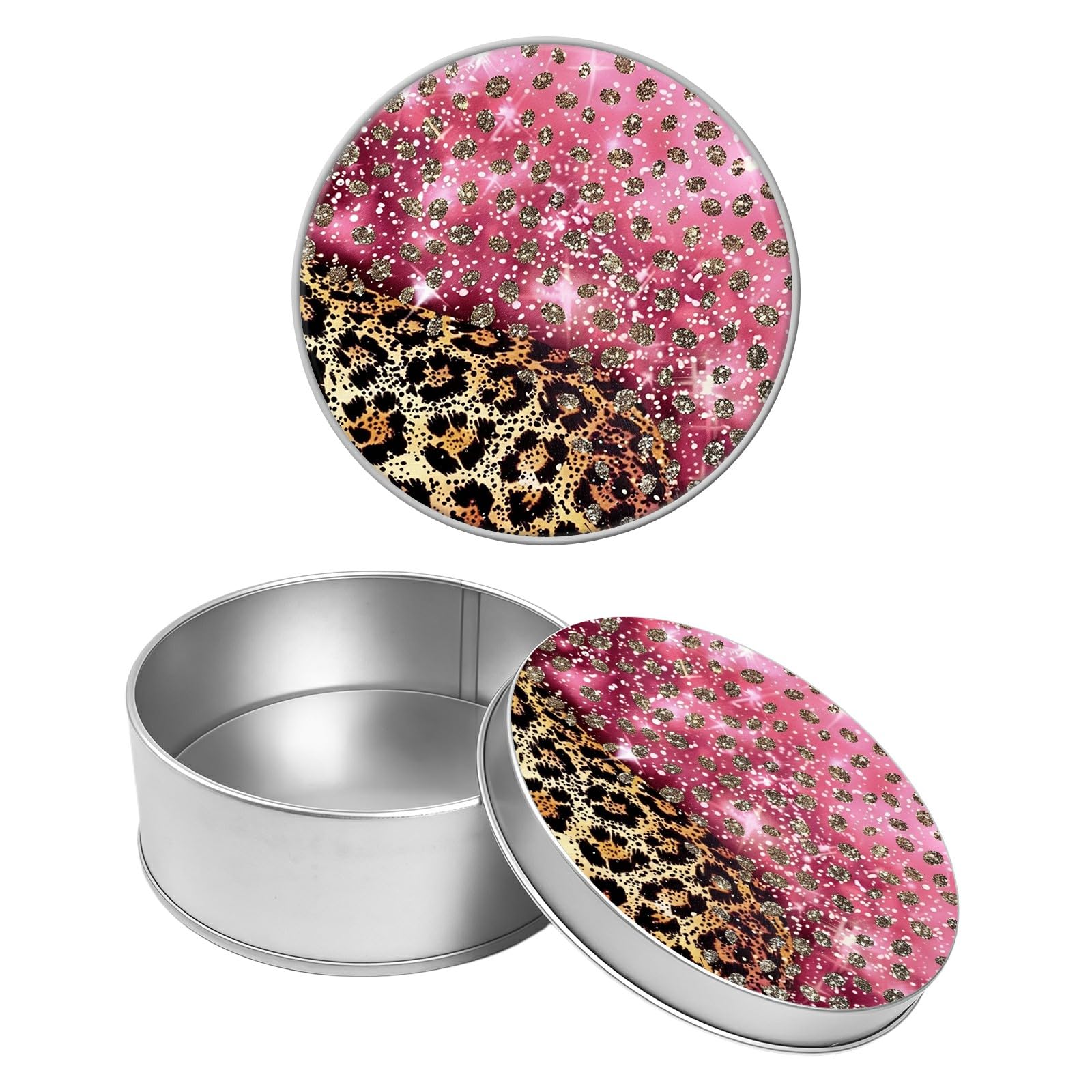 Round Metal Tin Container with Removable Lid, Pink Leopards Durable Metal Storage Box for Crafts Snacks Candies Office Supplies Small Items 3.54 x 1.38 inch– Single Pack