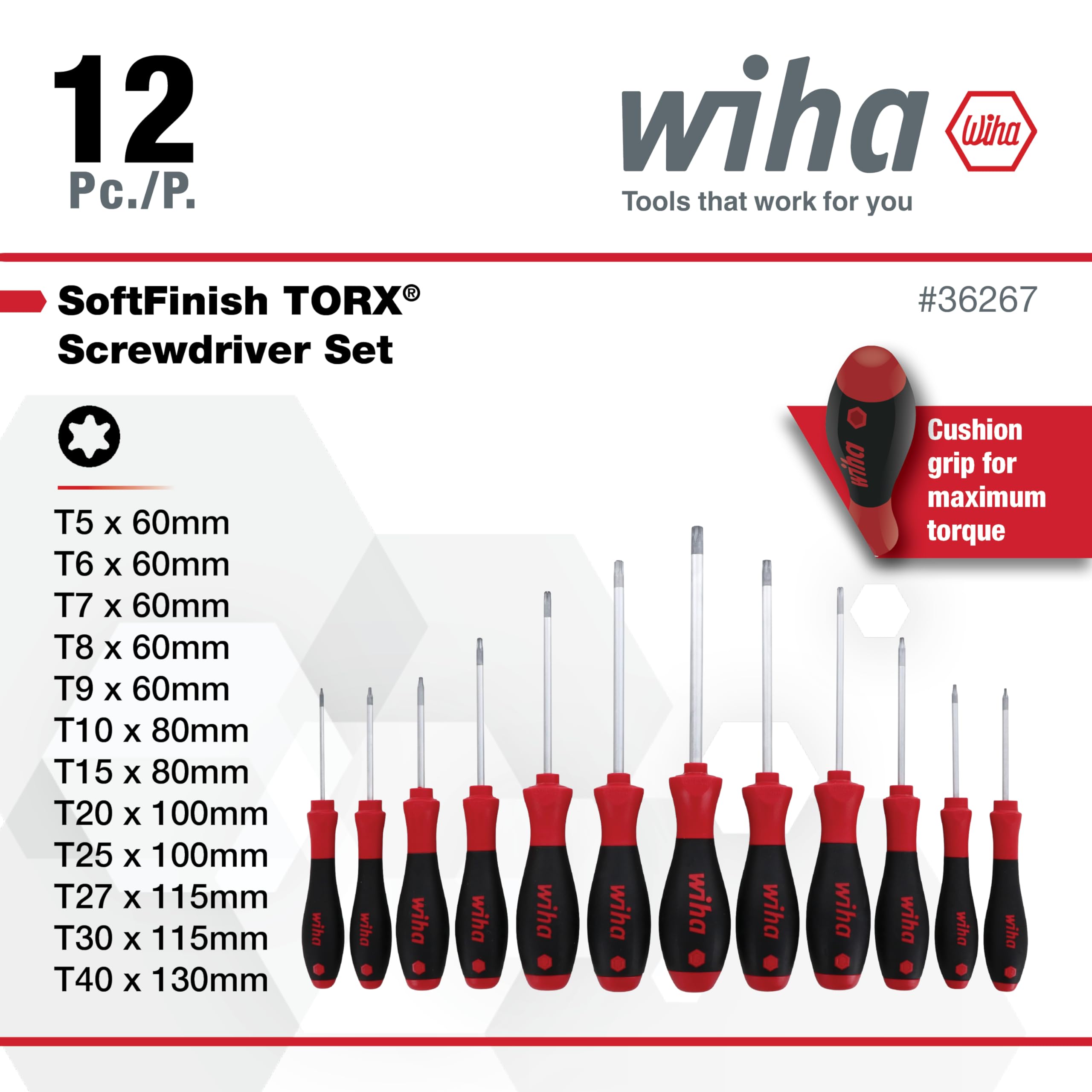 Wiha 36267 Serwis pilotów T5-t40 Torx 12 części z miękkim wykończeniem